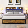 King Size Bed Frame, Storage Headboard With Charging Station And 4 Storage Drawers,Led Lightsbrown And And Gray Black Brown Grey Mdf Metal