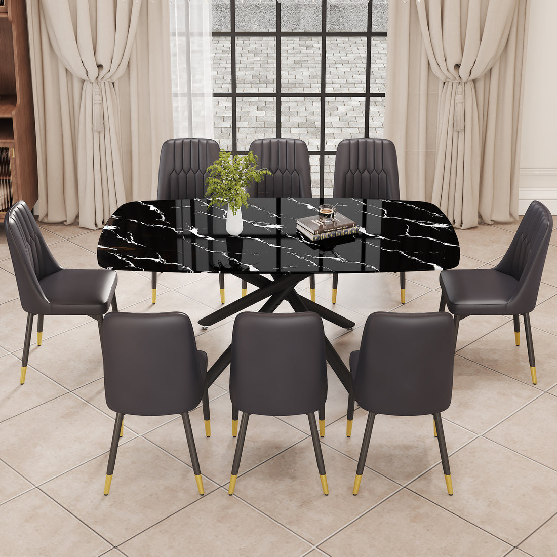 1 Table And 8 Chairs Set.A Rectangular Dining Table With A Imitation Marble Black Table Top And Black Metal Legs.Paired With 8 Chairs With Pu Leather Seat Cushion And Black Metal Legs.F 1537,C 007 Black Glass Metal