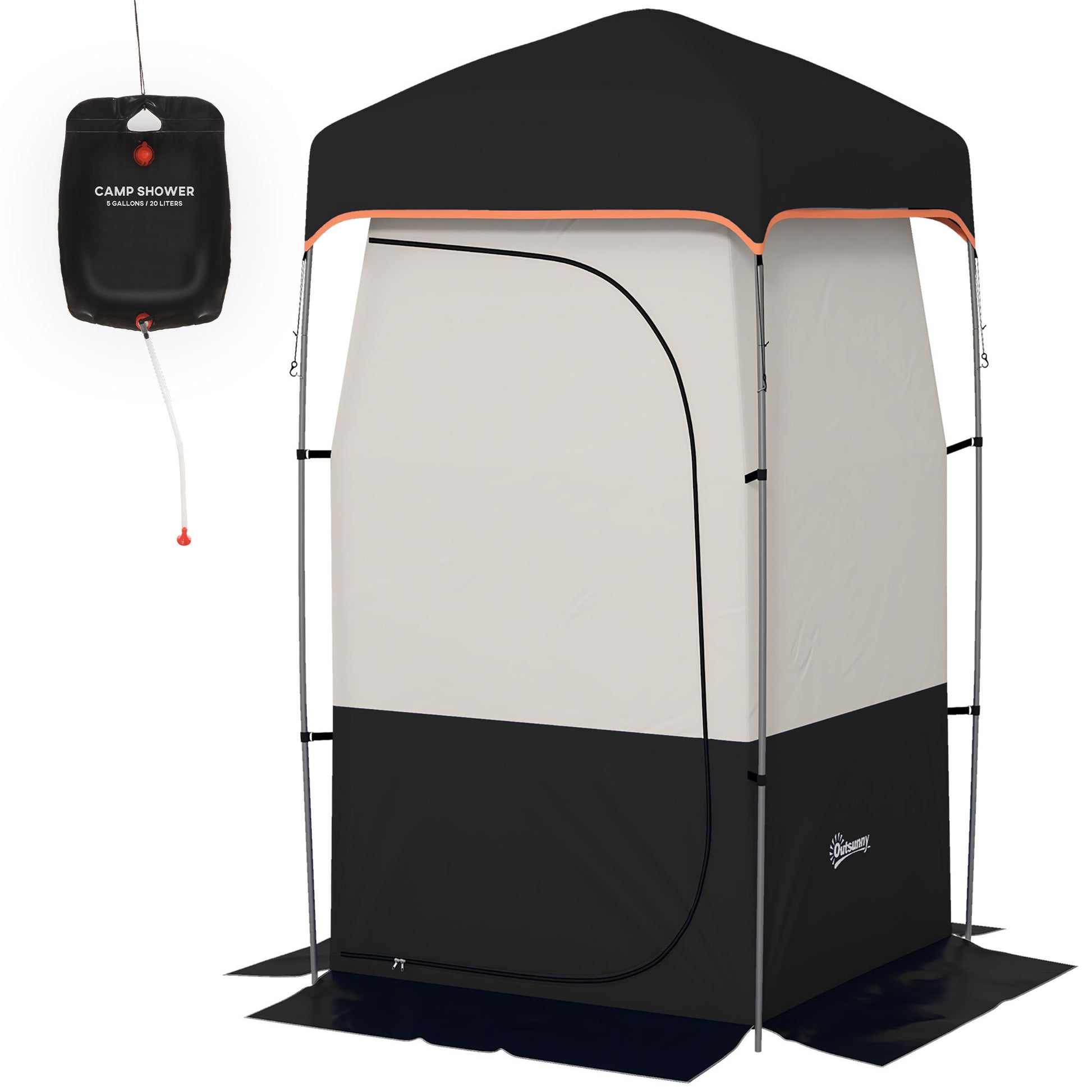 Outsunny Portable Shower Tent, Privacy Shelter, Camping Dressing Changing Tent Room With Solar Shower Bag, Floor And Carrying Bag, Black Black Oxford Fabric