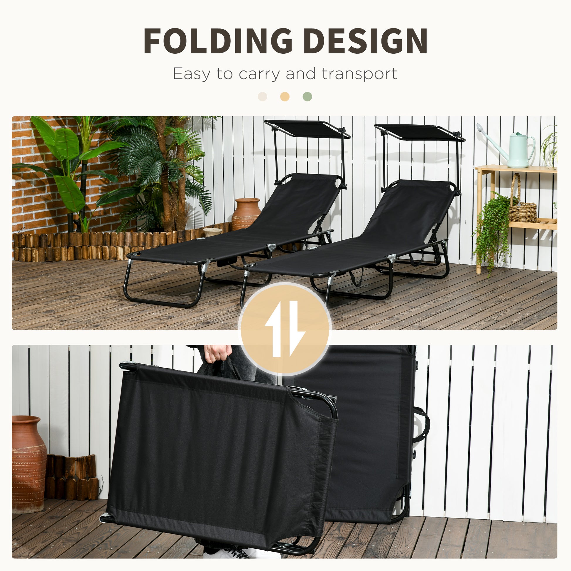Outsunny Folding Chaise Lounge Pool Chairs, Outdoor Sun Tanning Chairs With Canopy Shade, Reclining Back, Steel Frame And Side Pocket For Beach, Yard, Patio, Black Black Steel