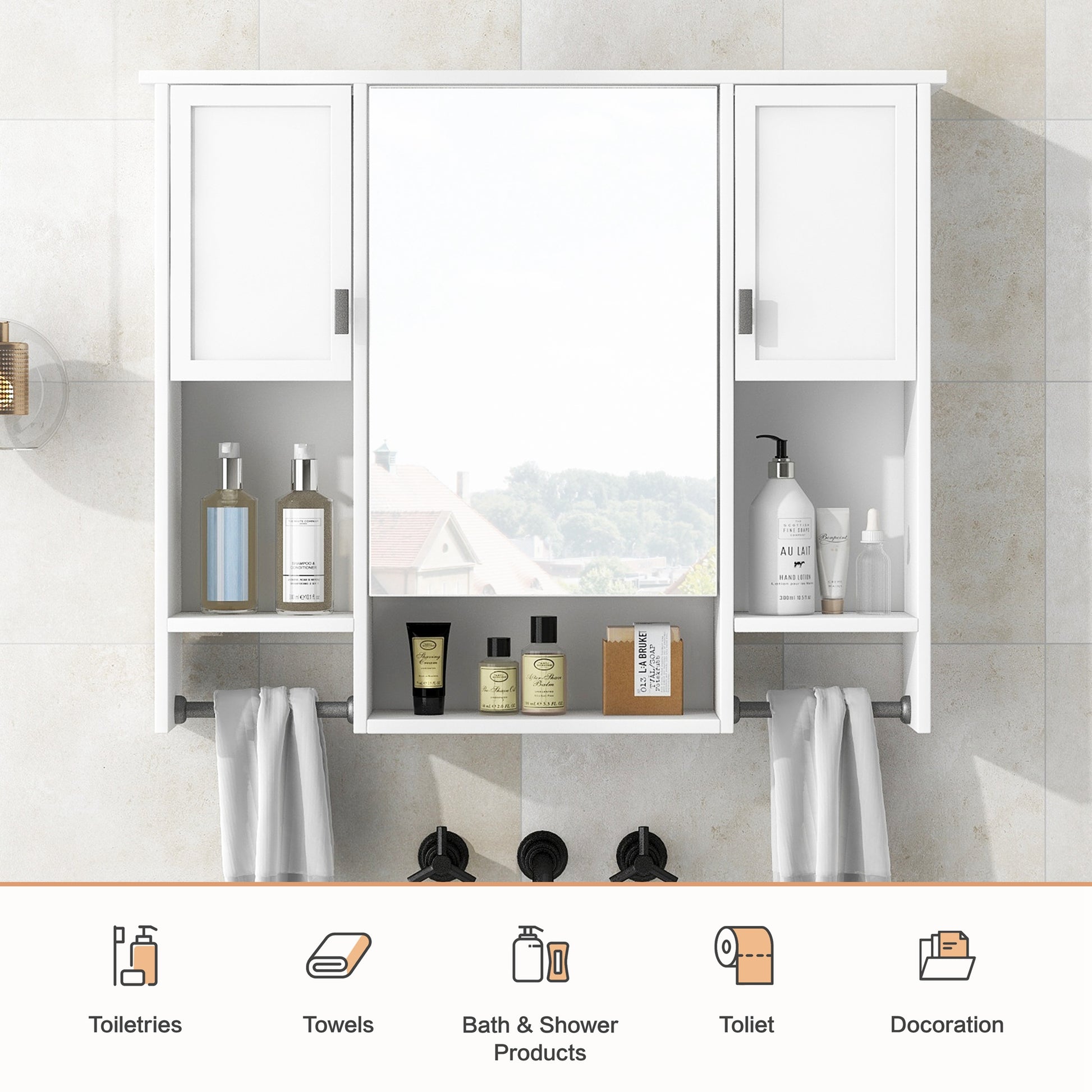 35'' X 28'' Modern Wall Mounted Bathroom Storage Cabinet, Bathroom Wall Cabinet With Mirror, Medicine Cabinet With Towels Bar White 3 5 Mirror Included Bathroom Wall Mounted Mdf Painted