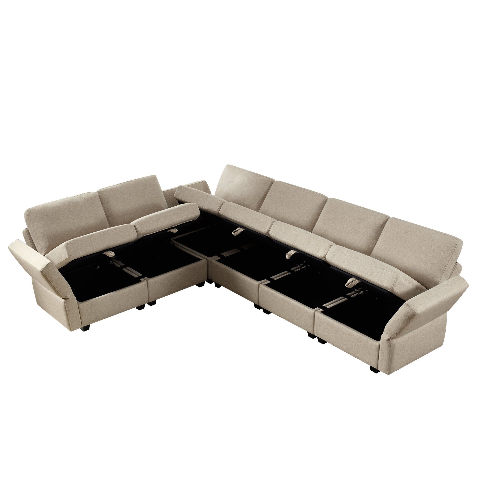 L Shaped Modular Sectional Corner Sofa Couch, 6 Seat Modular Sectional Sofa With Chaise For Living Room, Adjustable Arms And Backs Beige Beige Polyester 6 Seat
