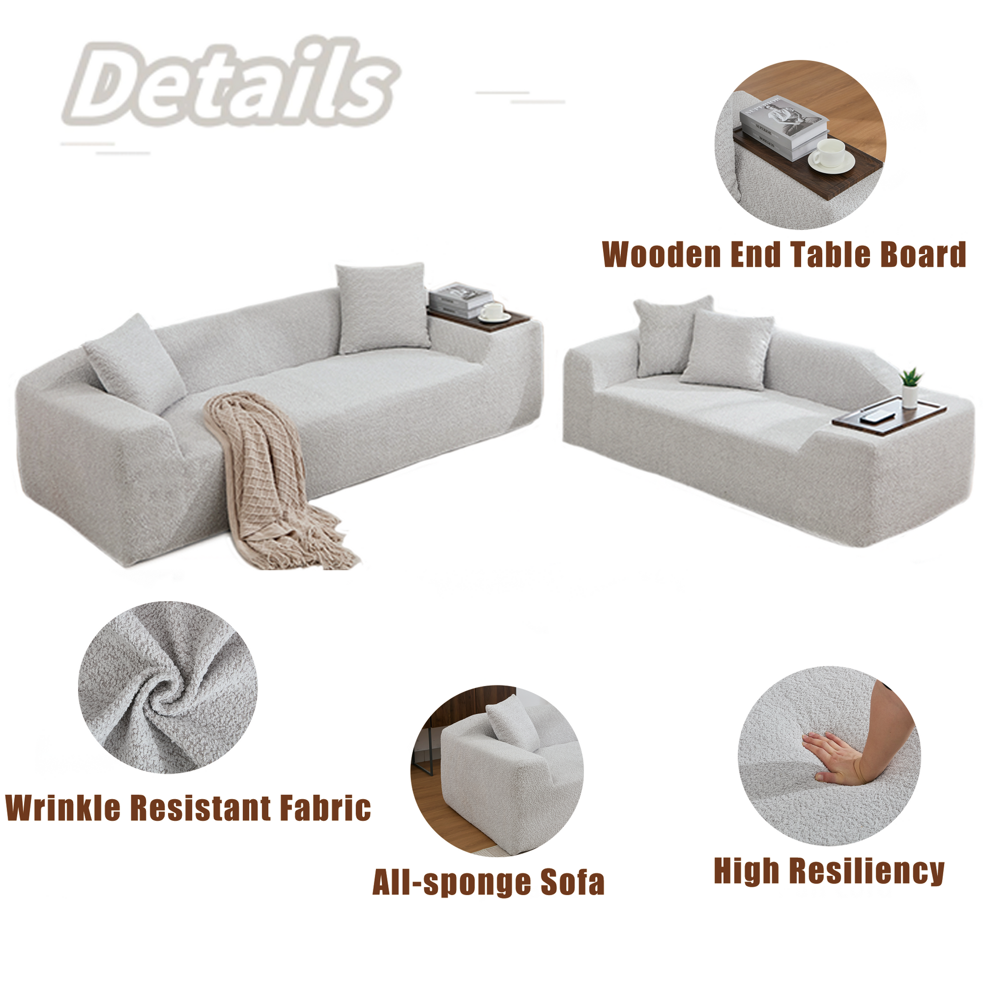 Arrived 2 Piece Boucle Cloud Sofa Set, Upholstered Sofa Set, Modern 3 Seater And 2 Seater Sofa With Mdf End Table For Living Room ,Apartment,3 2 Couch,Boucle, Light Gray Light Gray Polyester Primary Living Space Soft Tight Back Modern Square Arms Foam