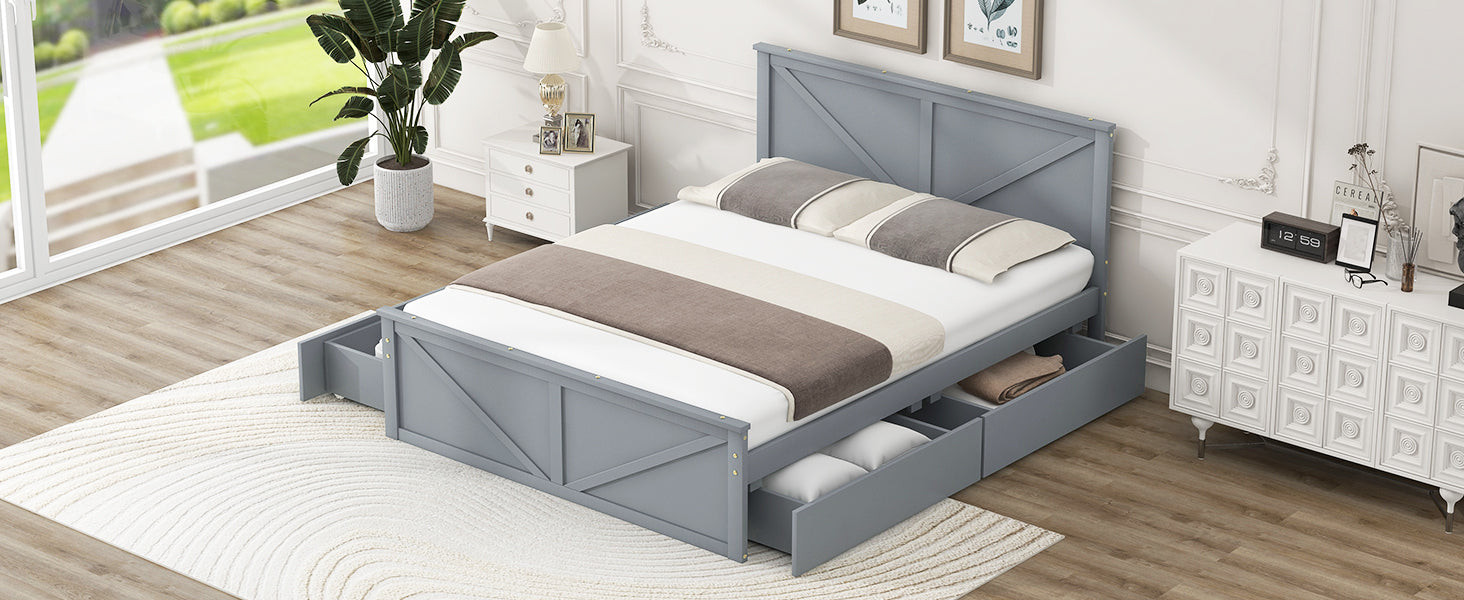Queen Size Wooden Platform Bed With Four Storage Drawers And Support Legs, Gray Queen Gray Pine