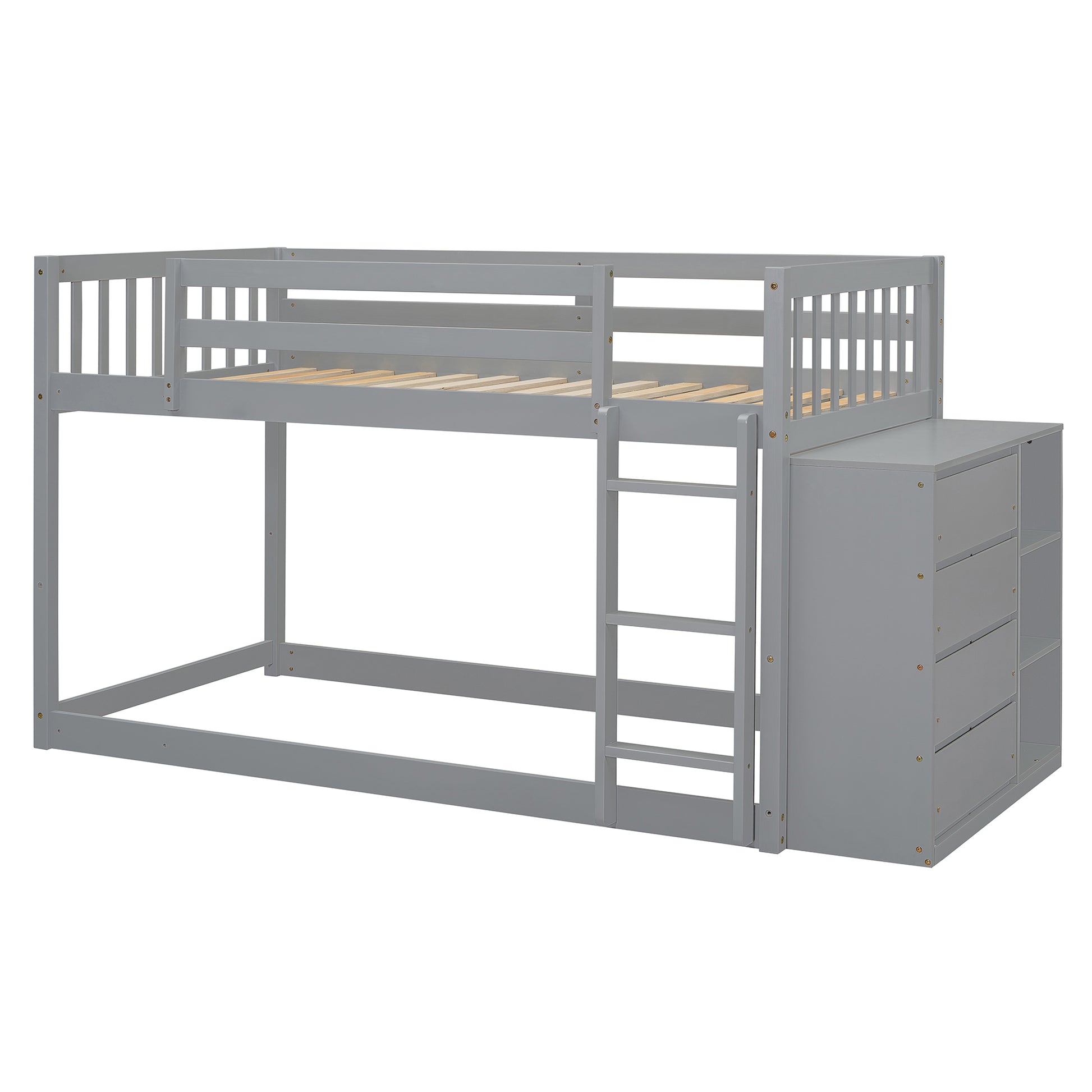 Twin Over Twin Bunk Bed With 4 Drawers And 3 Shelves Gray Twin Gray Solid Wood