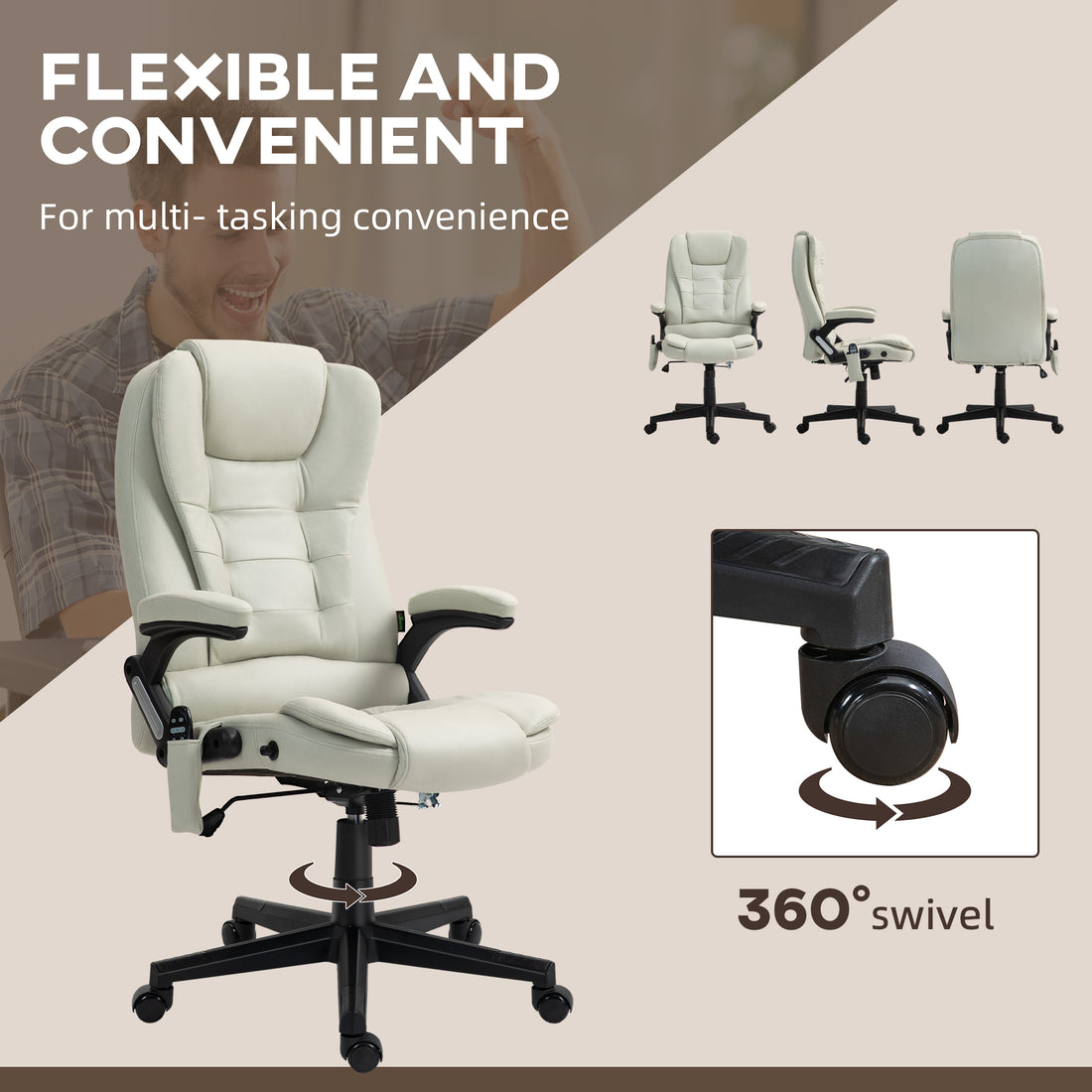 Homcom 6 Point Vibrating Massage Office Chair With Heat, Microfiber High Back Executive Office Chair With Reclining Backrest, Padded Armrests And Remote, Beige Beige Polyester