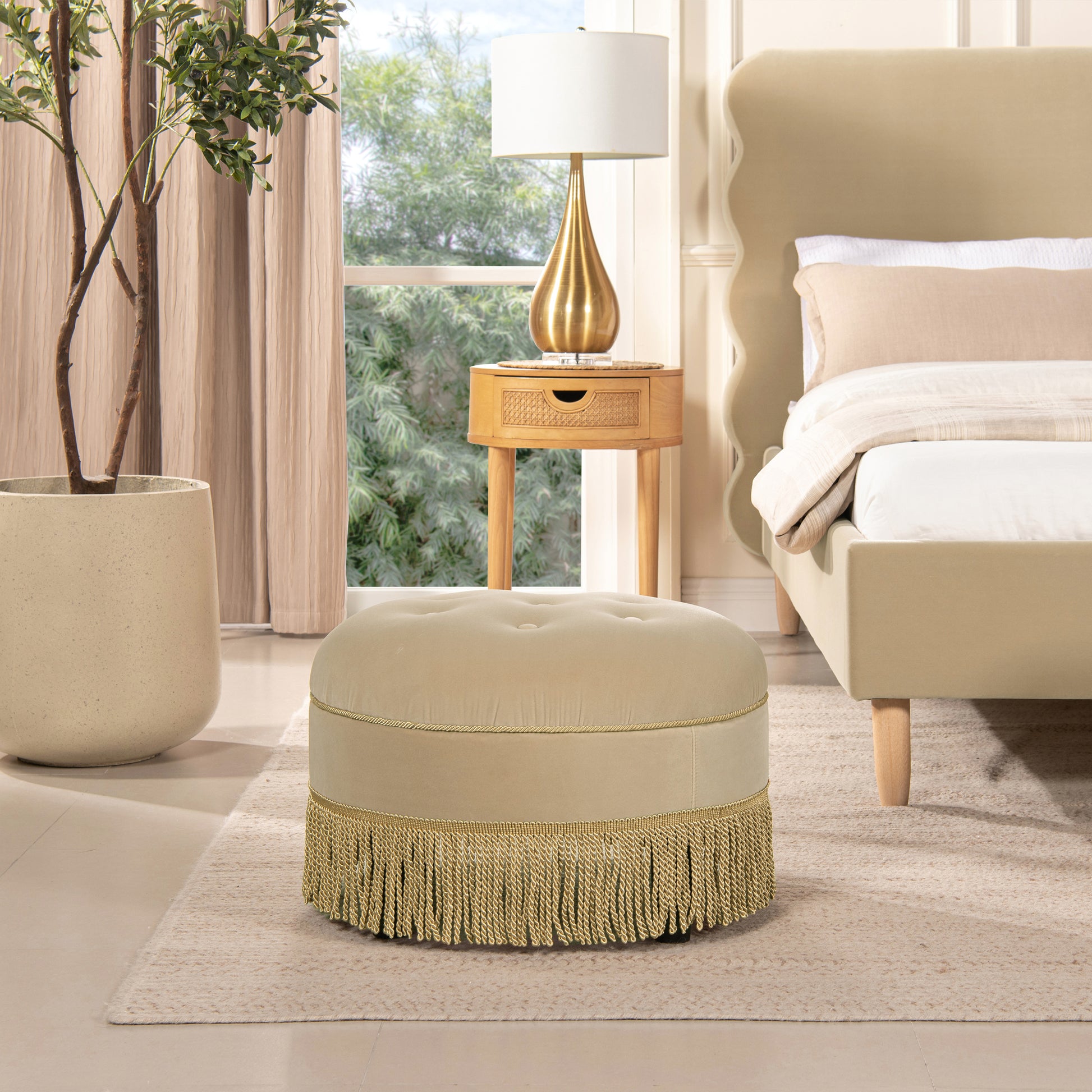 Yolanda 24" Round Upholstered Accent Ottoman, Fawn Brown Performance Velvet Brown Foam Velvet