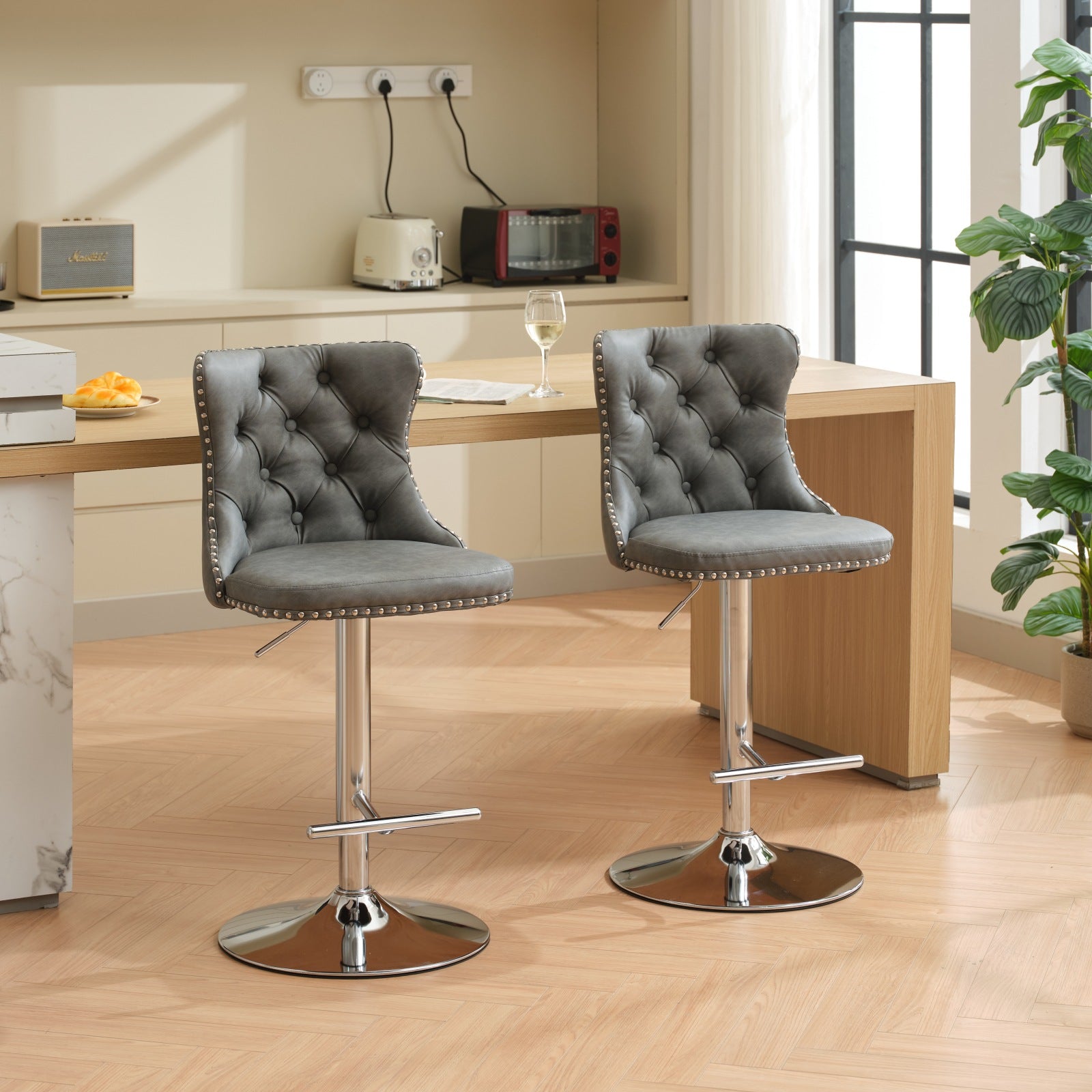 Swivel Pu Leather Barstools Adjusatble Seat Height From 25 33 Inch, Chrome Base Bar Stools With Backs Comfortable Tufted For Home Pub And Kitchen Island, Beige,Set Of 2,1512Gy Grey Dining Room American Design Bar Stools Wing Back Set Of 2 Foam Pu Leather