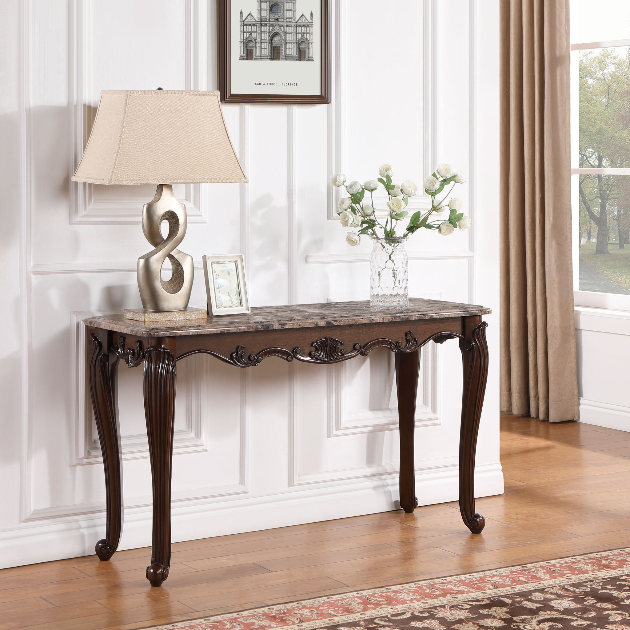 Nayla Sofa Table, Natural Marble & Cherry Finish Lv02006 Cherry Marble