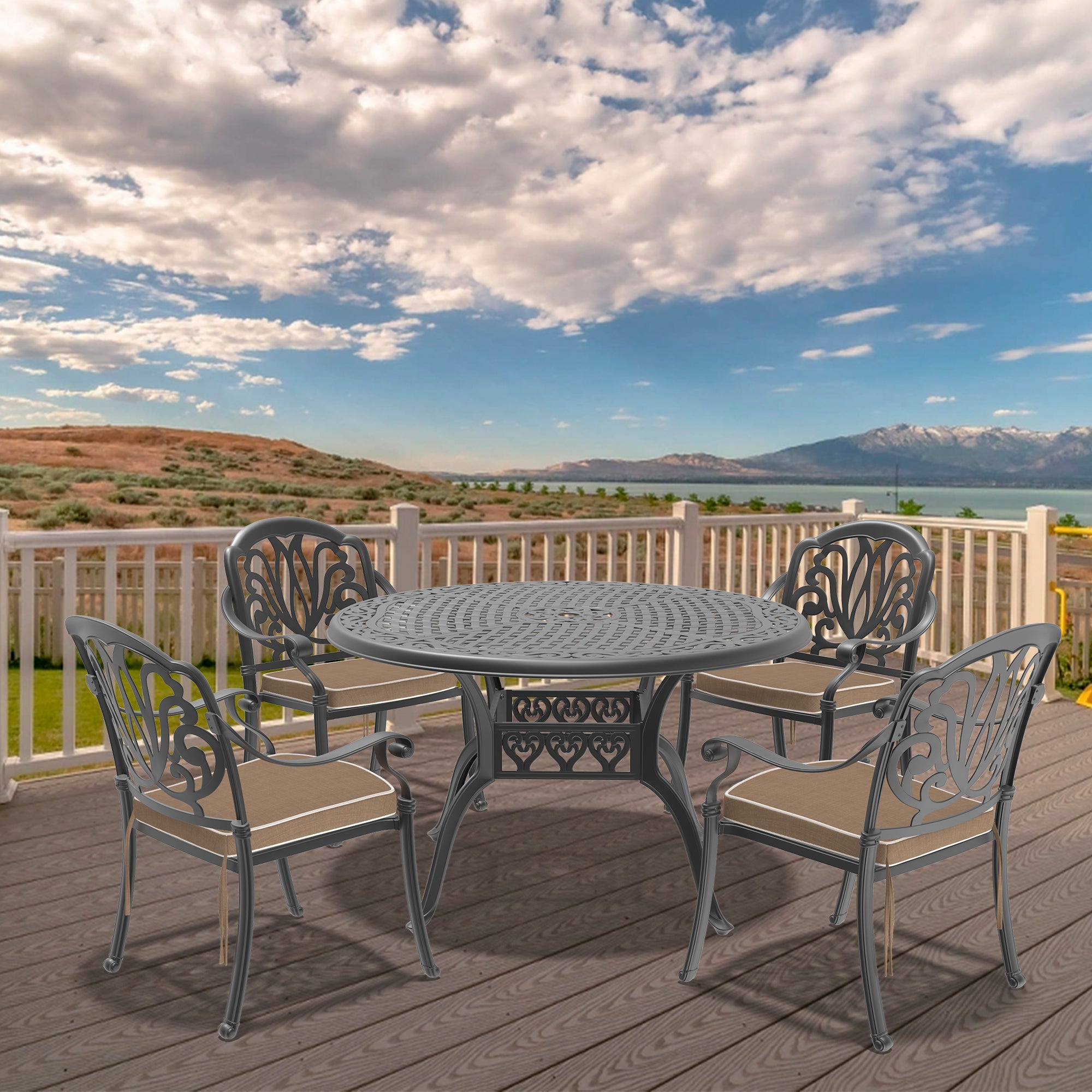 Cushions In Random Colors 5 Piece Set Of Cast Aluminum Patio Furniture With Cushions Yes Dining Set Black Seats 4 Rust Resistant Frame Water Resistant Cushion Garden & Outdoor Complete Patio Sets Aluminium