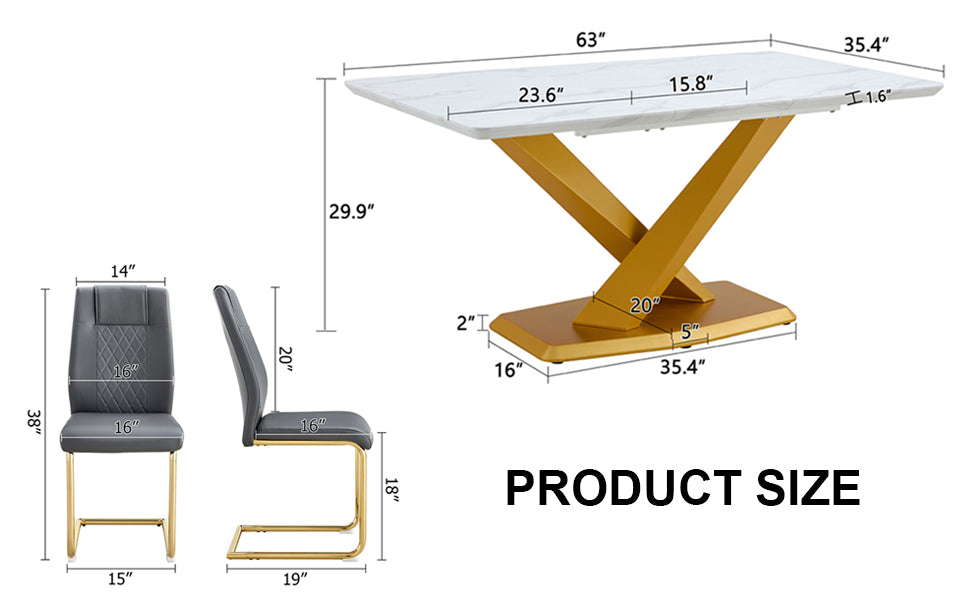 Table And Chair Set, The Table Is Equipped With A Marble Patterned Mdf Tabletop And Gold Table Legs.Dining Chairs,Gold Legged Upholstered Chairs Made Of Artificial Leather. Grey Gold Seats 4 Mdf