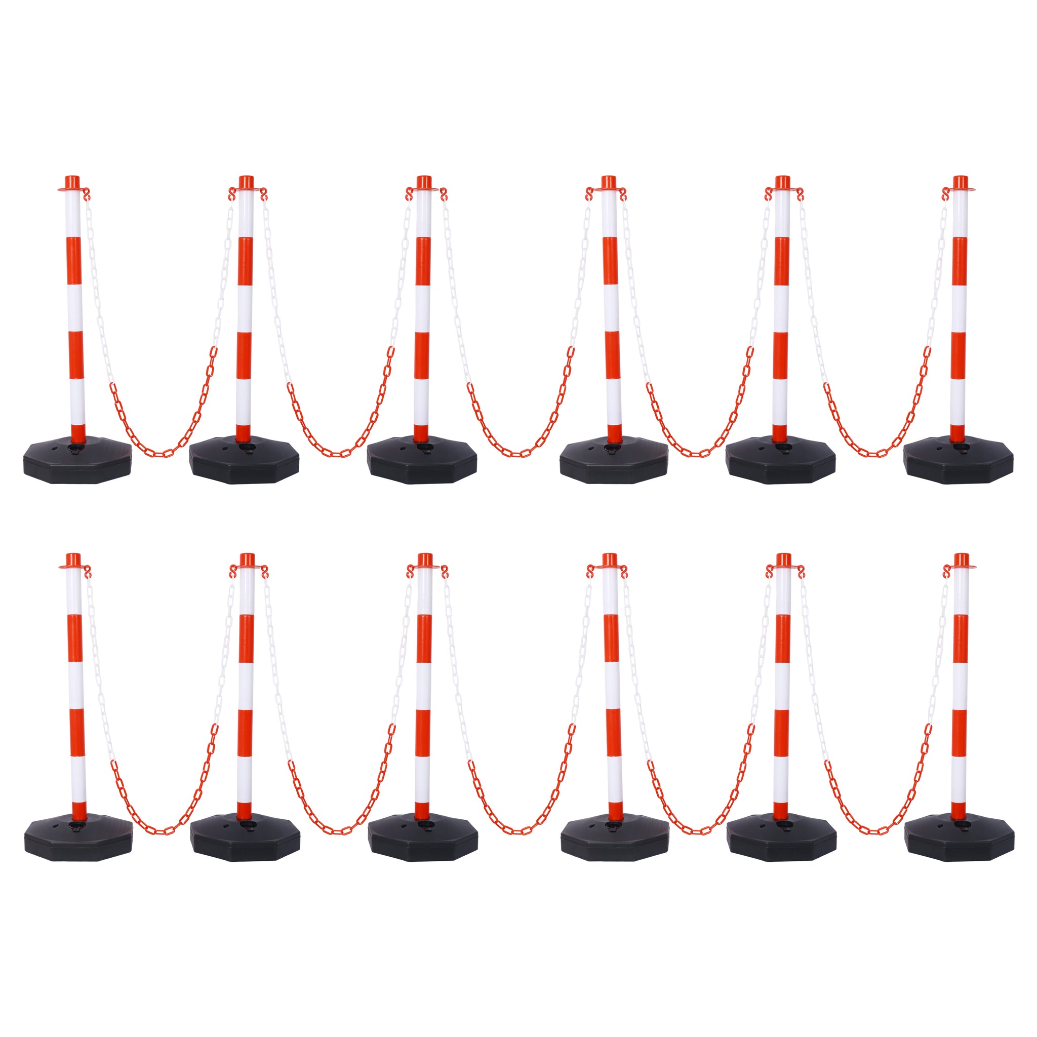 12 Pack Traffic Delineator Post Cones With Fillable Base, Adjustable Plastic Safety Barrier With 5Ft Plastic Chain, Outdoor And Indoor Crowd Control Stanchion For Traffic Control And Warning W R White Red Plastic