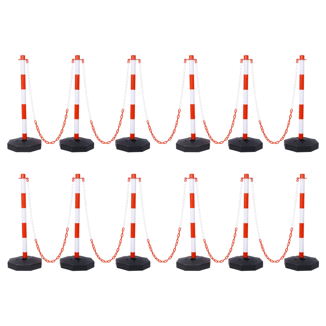 12 Pack Traffic Delineator Post Cones With Fillable Base, Adjustable Plastic Safety Barrier With 5Ft Plastic Chain, Outdoor And Indoor Crowd Control Stanchion For Traffic Control And Warning W R White Red Plastic