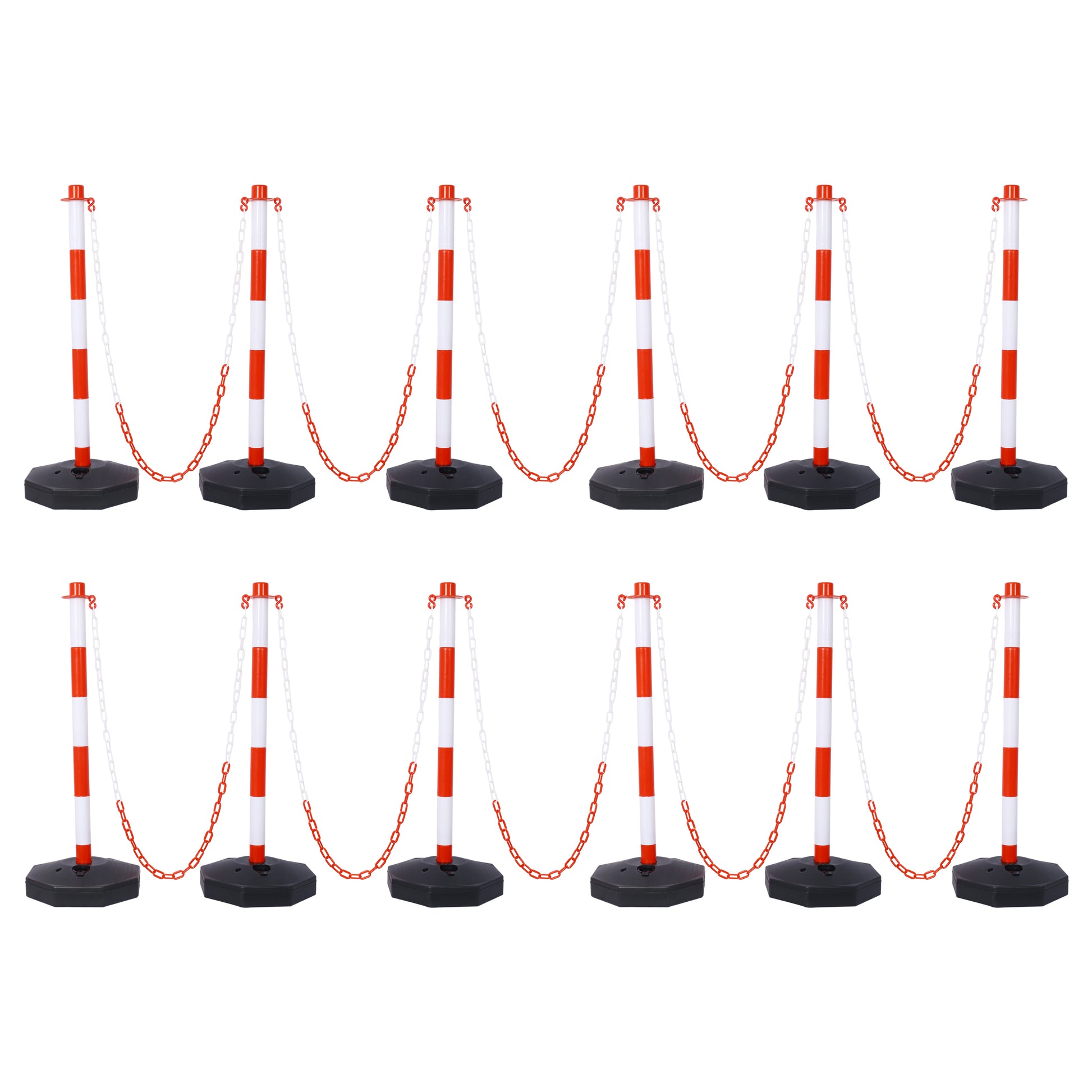 12 Pack Traffic Delineator Post Cones With Fillable Base, Adjustable Plastic Safety Barrier With 5Ft Plastic Chain, Outdoor And Indoor Crowd Control Stanchion For Traffic Control And Warning W R White Red Plastic