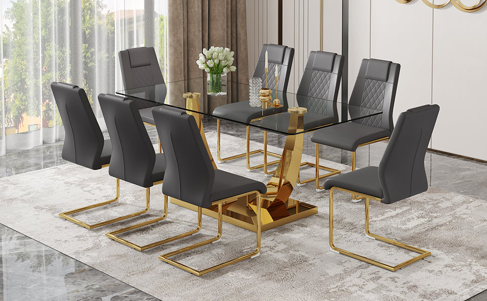 Table And Chair Set.Modern Rectangular Dining Table With Transparent Tempered Glass Tabletop And Gold Plated Metal Legs.Paried With 8 Comfortable Chairs With Pu Seats And Golden Metal Legs. Grey Gold,Transparent Seats 8 Glass Metal