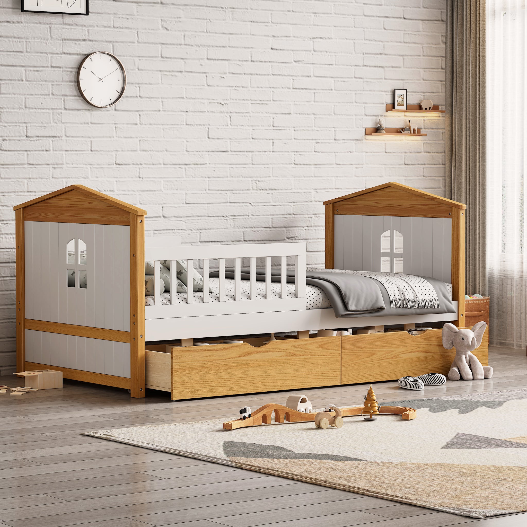 Twin Size House Shape Bed With Two Drawers Wooden Bed For Girls Boys Teens, No Box Spring Needed, Walnut And White Box Spring Not Required Twin White Walnut Wood Bedroom Cute Pine Bed Frame Wood