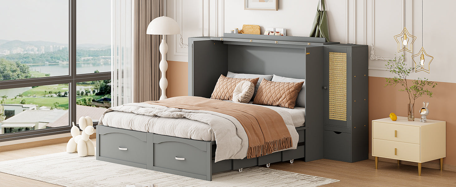 Queen Size Murphy Bed Wall Bed With Drawer And Rattan Decoration With 2 Storage Cabinets, One Set Of Sockets & Usb Ports, Pulley Structure Design, Gray Queen Gray Plywood