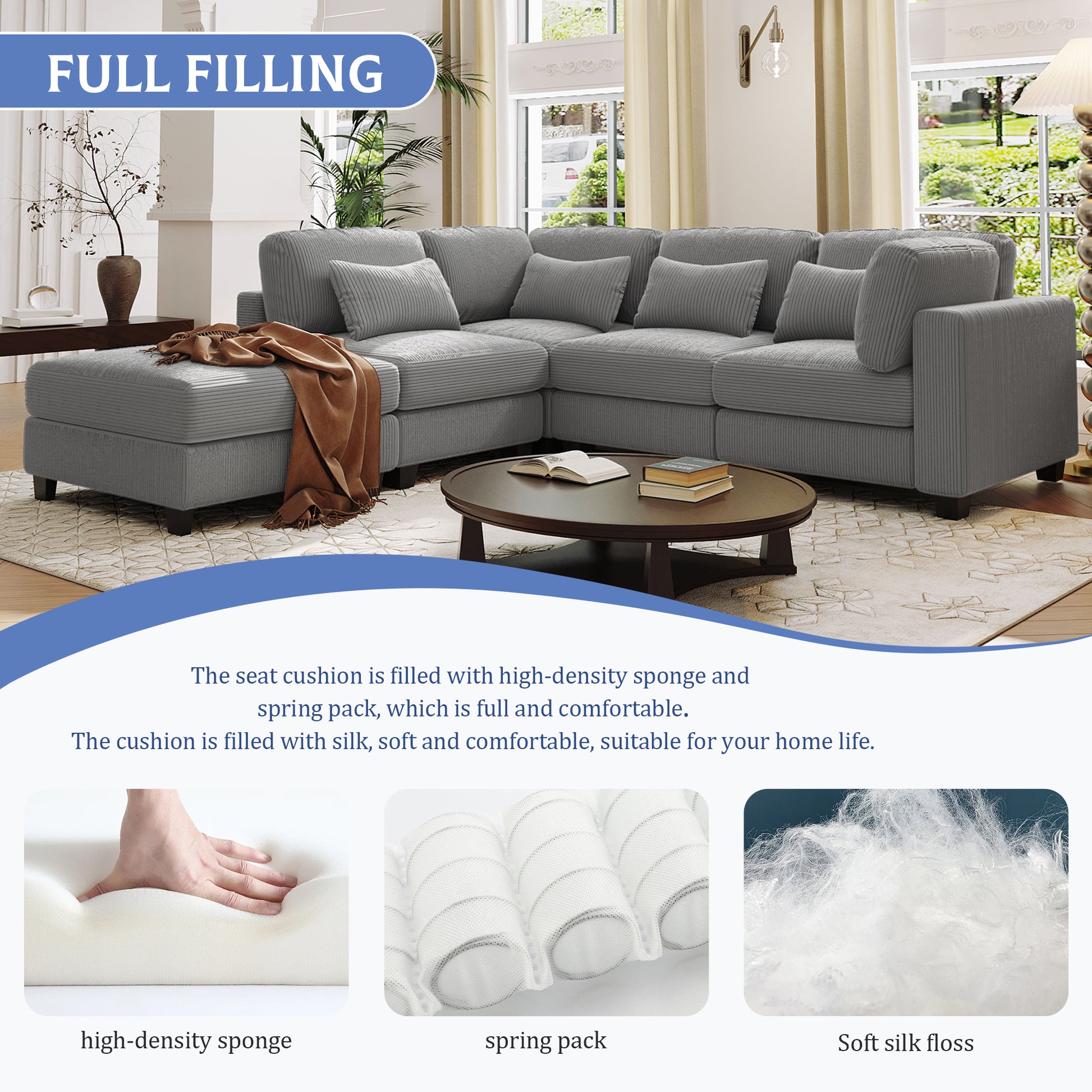 5 Pieces L Shaped Sofa With Removable Ottomans And Comfortable Waist Pillows Grey Polyester 5 Seat