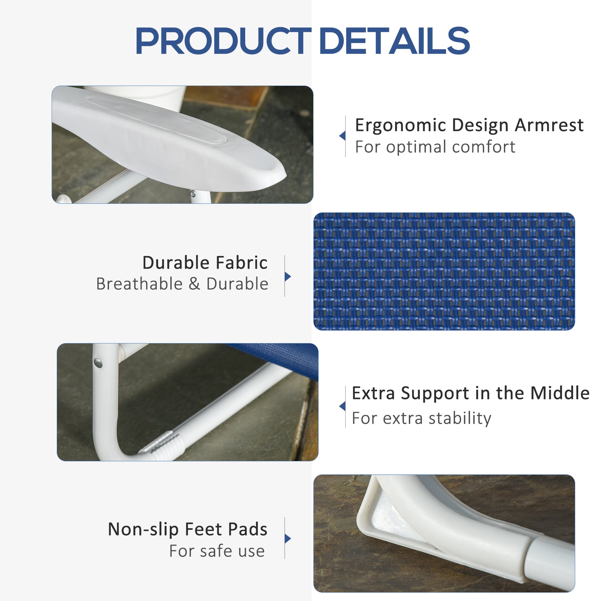 Outsunny Folding Chaise Lounge, Outdoor Sun Tanning Chair, 4 Position Reclining Back, Armrests, Metal Frame And Mesh Fabric For Beach, Yard, Patio, Blue Blue Metal