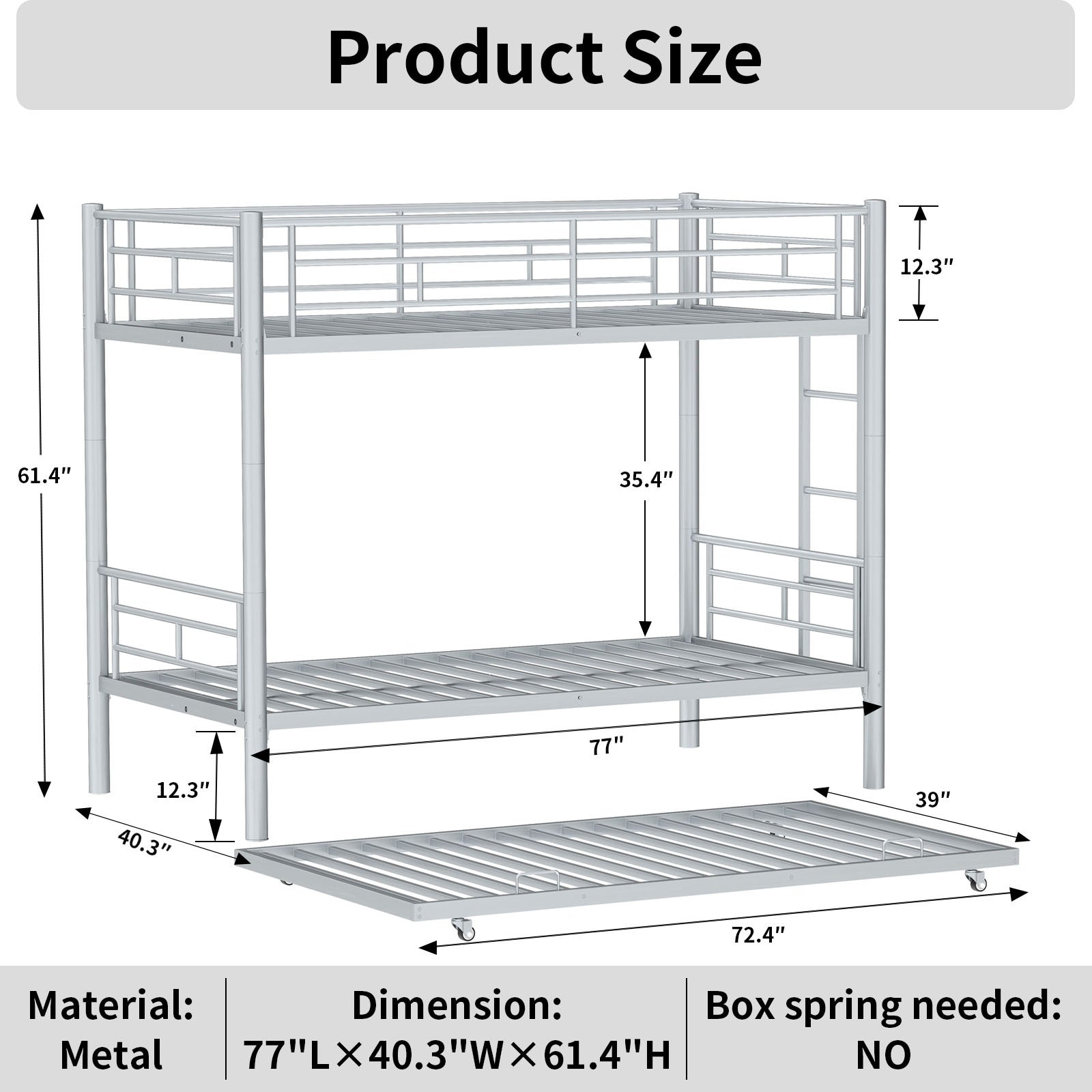 Heavy Duty Sturdy Meta Twin Over Twin With Trundle Bunk Bed L Noise Reduced Safety Guardrail No Box Spring Needed,Gray Silver Twin Gray Silver Metal