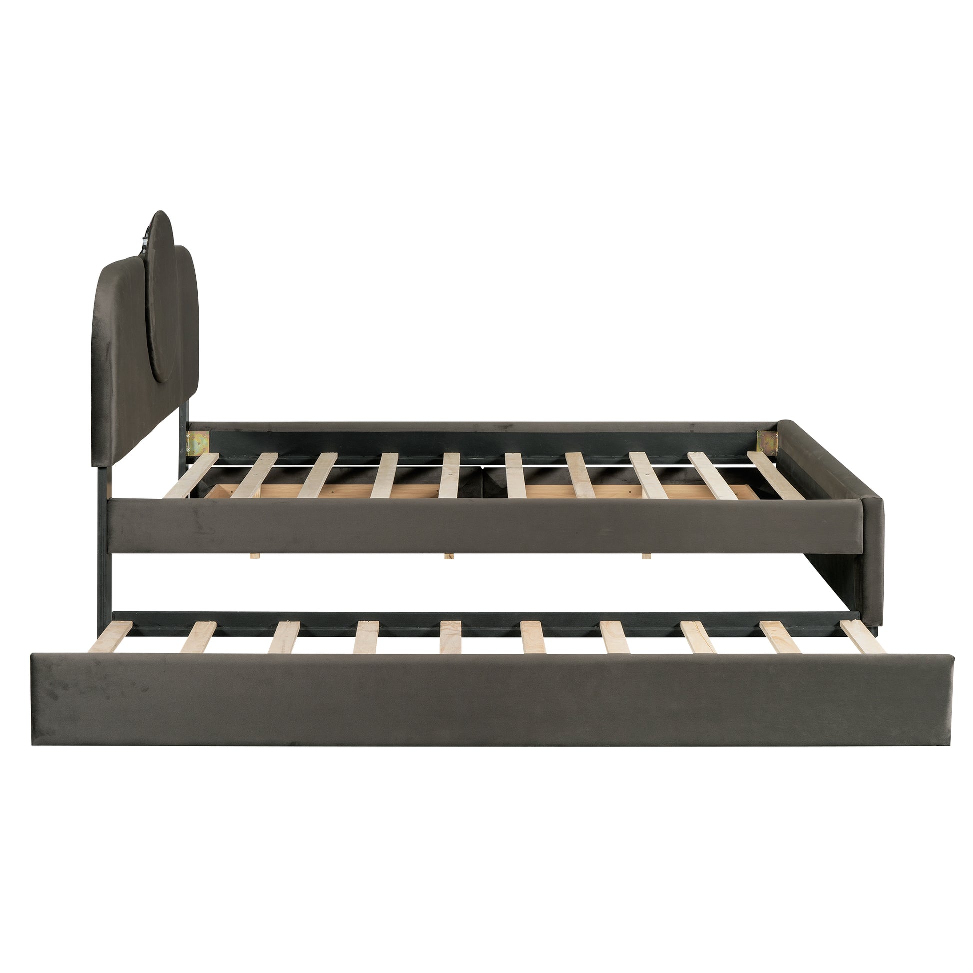 Queen Size Upholstered Platform Bed With Multi Functional Headboard, Trundle And 2 Drawers, Gray Box Spring Not Required Queen Gray Wood Bedroom Upholstered