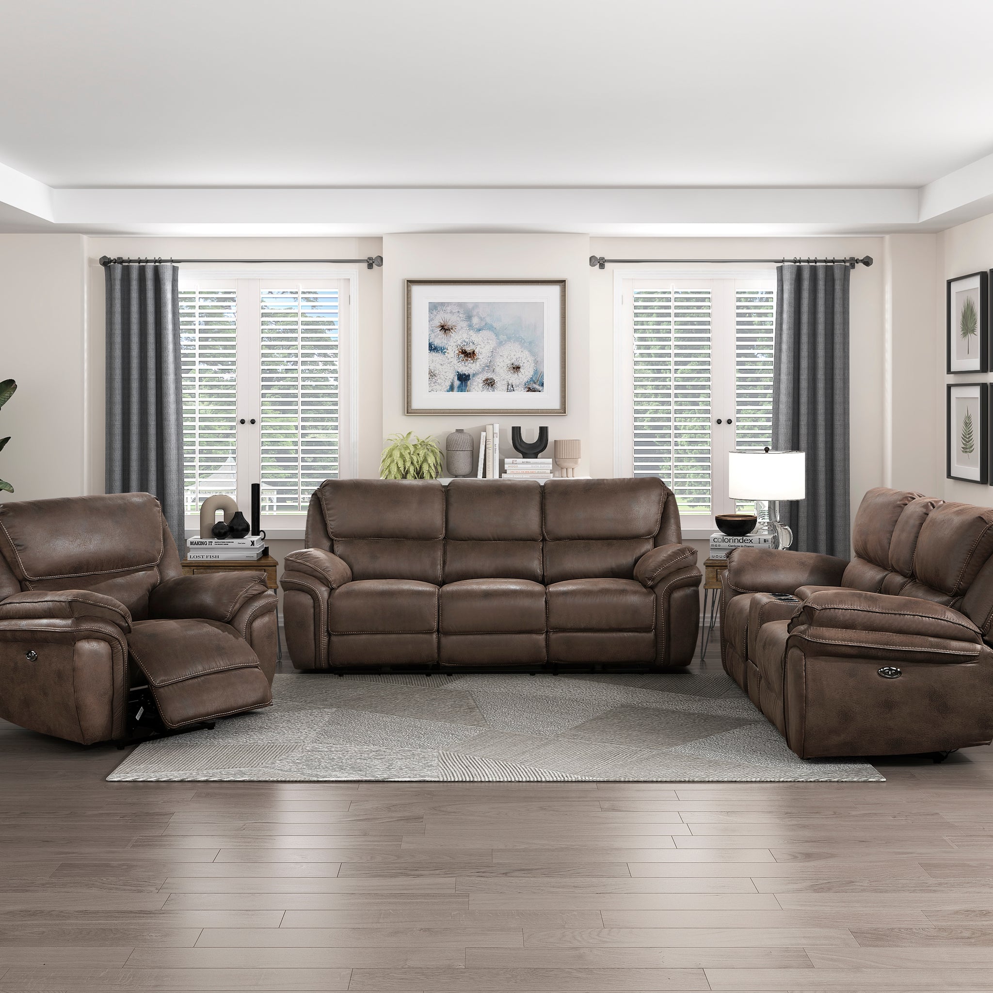 Plush Modern Living Room Sofa Set 3Pc Power Reclining Sofa Loveseat Chair Brown Microfiber Upholstery Usb Port Solid Wood Frame Furniture Brown Microfiber Wood Primary Living Space Modern Plywood,Solid Wood 6 Seat