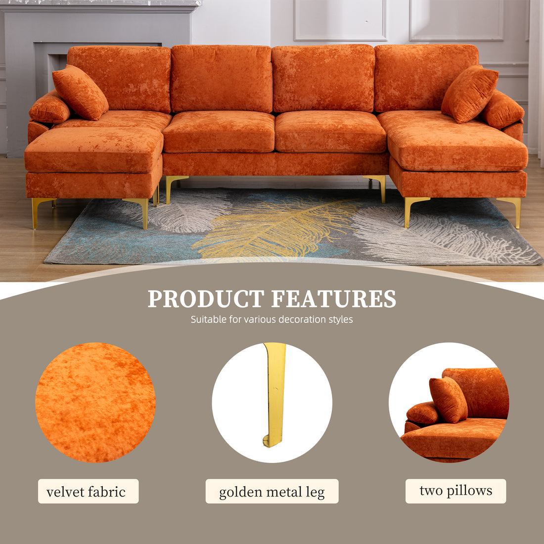 Coolmore U Shape Sectional Sofa With Ottomanreversible Sofa Couch For Living Room,Spacious Furniture,Durable Couch Removable And Machine Washable Cover Orange Velvet Orange Primary Living Space Foam Velvet 4 Seat