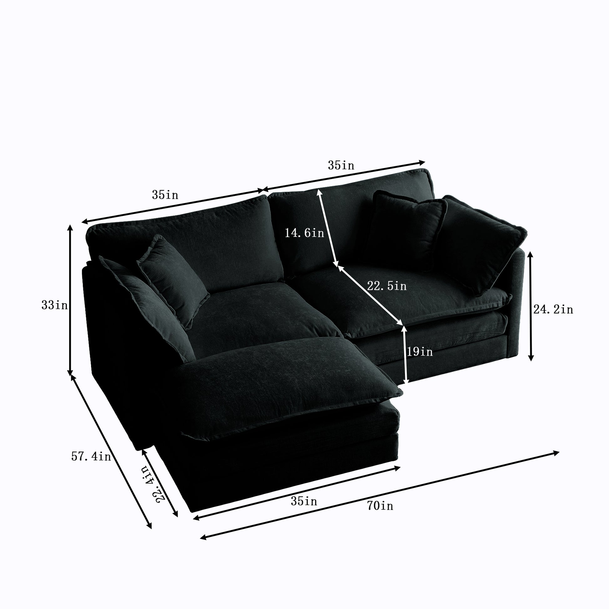 Chenille Two Seater Sofa With 1 Footrest, 2 Seater L Shaped Sectional With Ottoman,Loveseat With Ottoman For Small Living Space, Black Chenille Black Chenille 2 Seat