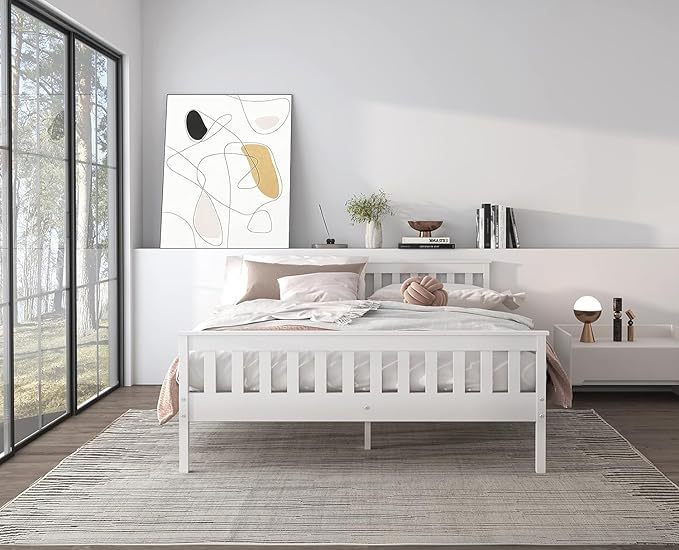 Queen Bed Frames With Headboard, Solid Wooden Platform Bed With Corner, Modern Low Profile Bed Frame, No Box Spring Needed, White Queen White Wood