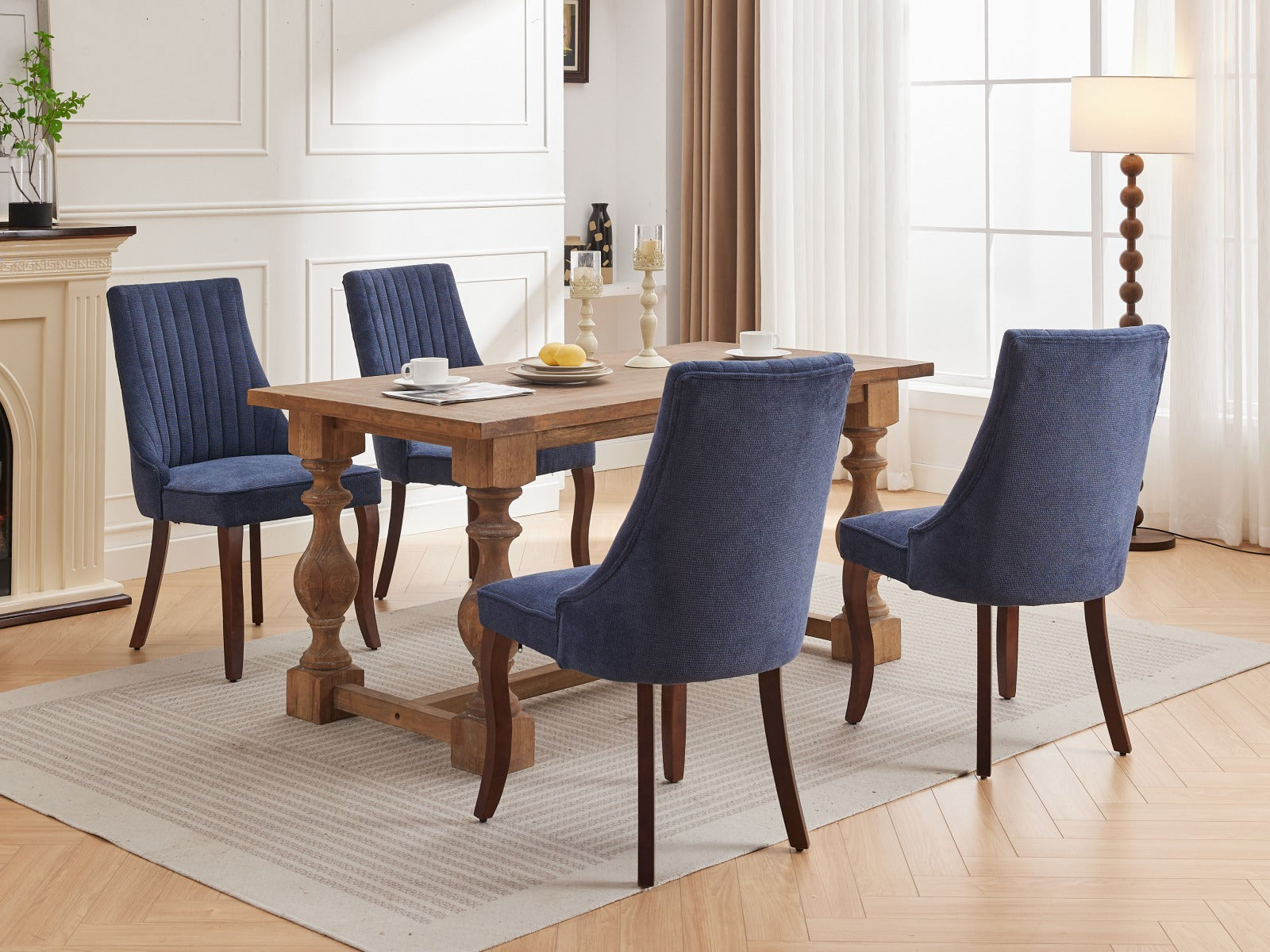Rayon Cloth Flocking Linen Dining Chairs Channel Kitchen Dinner Chair Comfy Fabric Upholstered Accent Chair For Dining Room With Curved Solid Wood Legs,Set Of 2 Blue , Sw1847Bl Blue Light Brown Dining Room American Design,American Traditional Dining