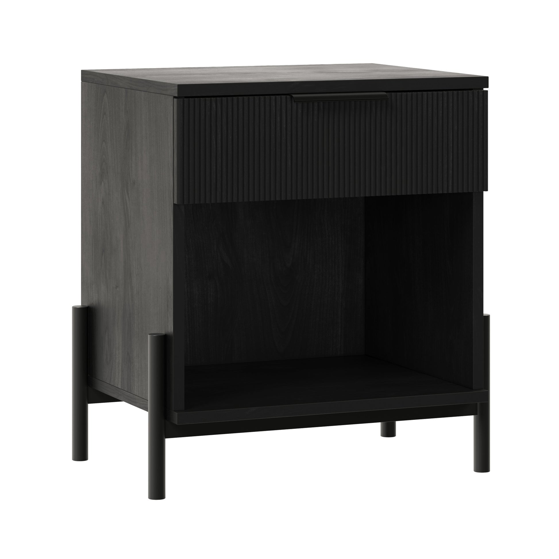 Modern Fluted Drawer Nightstand With Open Cubby Black Black Mdf Mdf