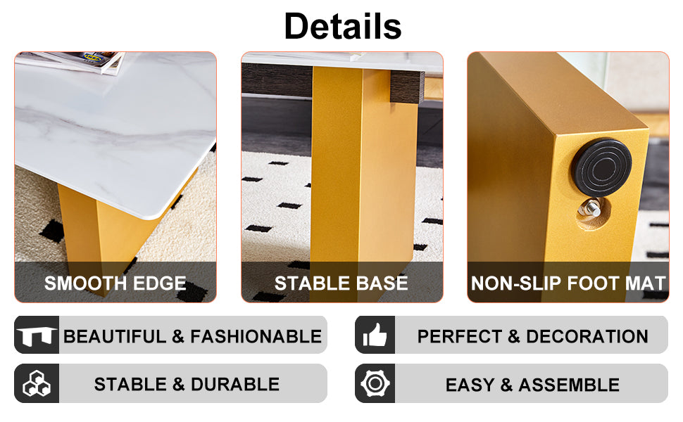 Modern Minimalist Tempered Glass With Sticker Desktop Coffee Table And Dining Table, Paired With Golden Mdf Decorative Columns. Computer Desk. Game Table. Ct 1546 Golden Mdf Glass