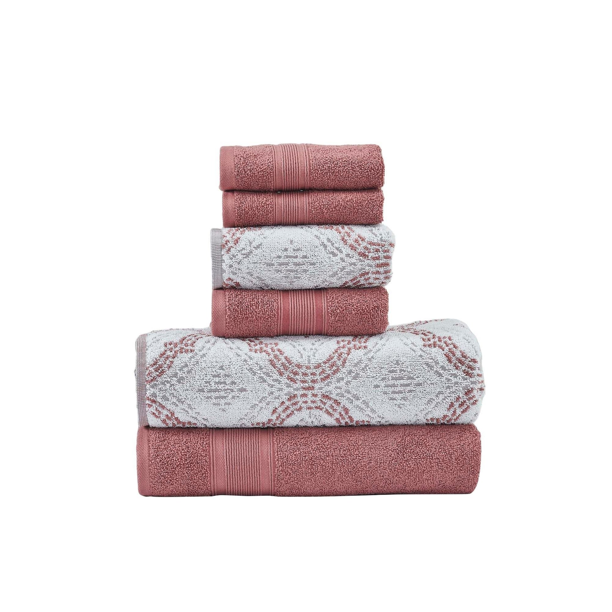 Oya 6Pc Cotton Towel Set, Quatrefoil, White, Pink By The Urban Port White Pink Cotton