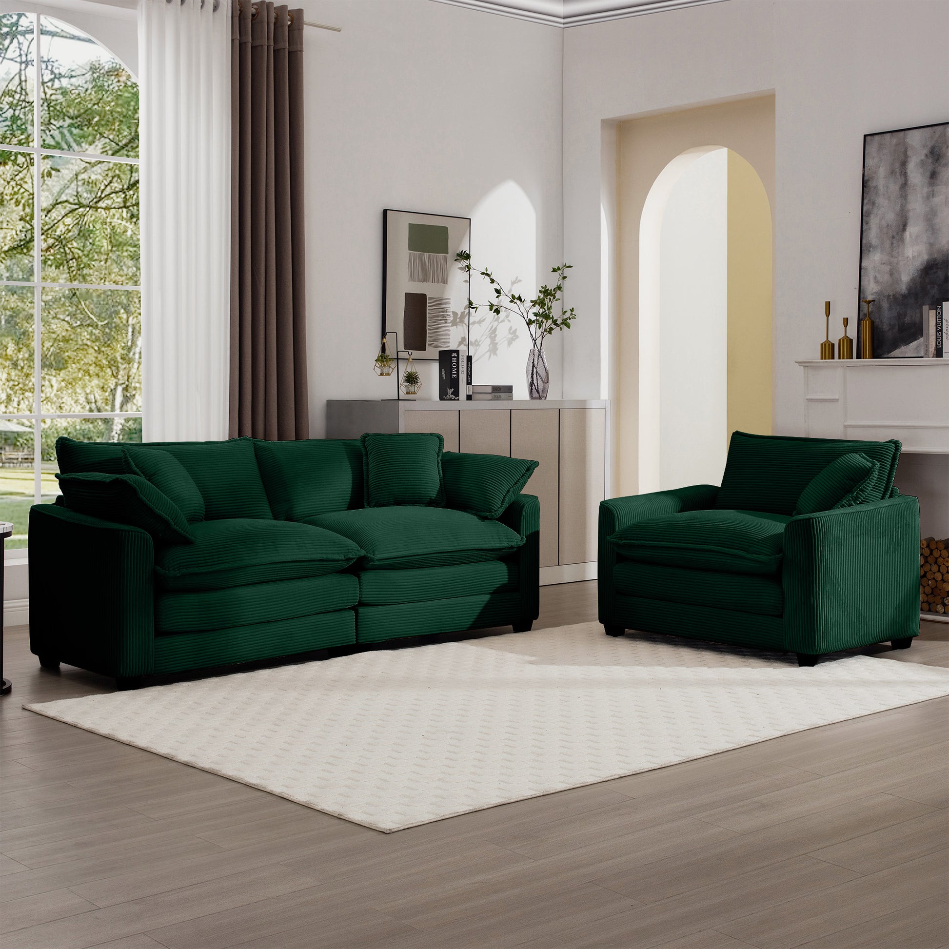 Modern Living Room Sofa Two Piece Set, Suitable For Living Room And Bedroom Sofa Set, Consists Of A Single Seat And A 3 Seater Sofas, Green Corduroy Green Corduroy 3 Seat