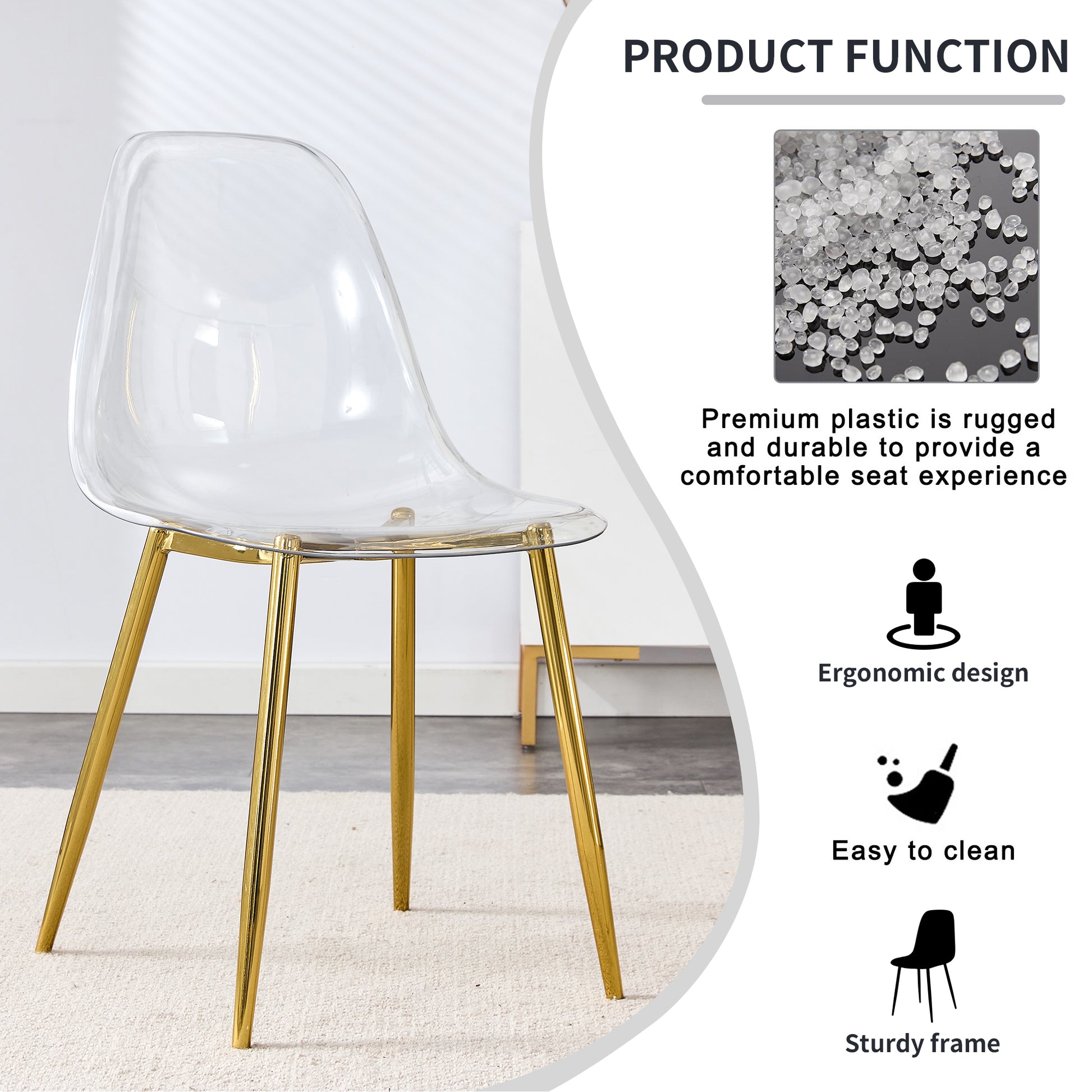 Table And Chair Set.Modern Rectangular Glass Dining Table With Tempered Glass Countertop And Golden Metal Legs, Paired With Multiple Transparent High Quality Pet Dining Chairs With Golden Legs. Gold Seats 6 Tempered Glass