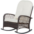 Outsunny Outdoor Wicker Rocking Chair With Wide Seat, Thick, Soft Cushion, Rattan Rocker W Steel Frame, High Weight Capacity For Patio, Garden, Backyard, Cream White Cream White Polyester