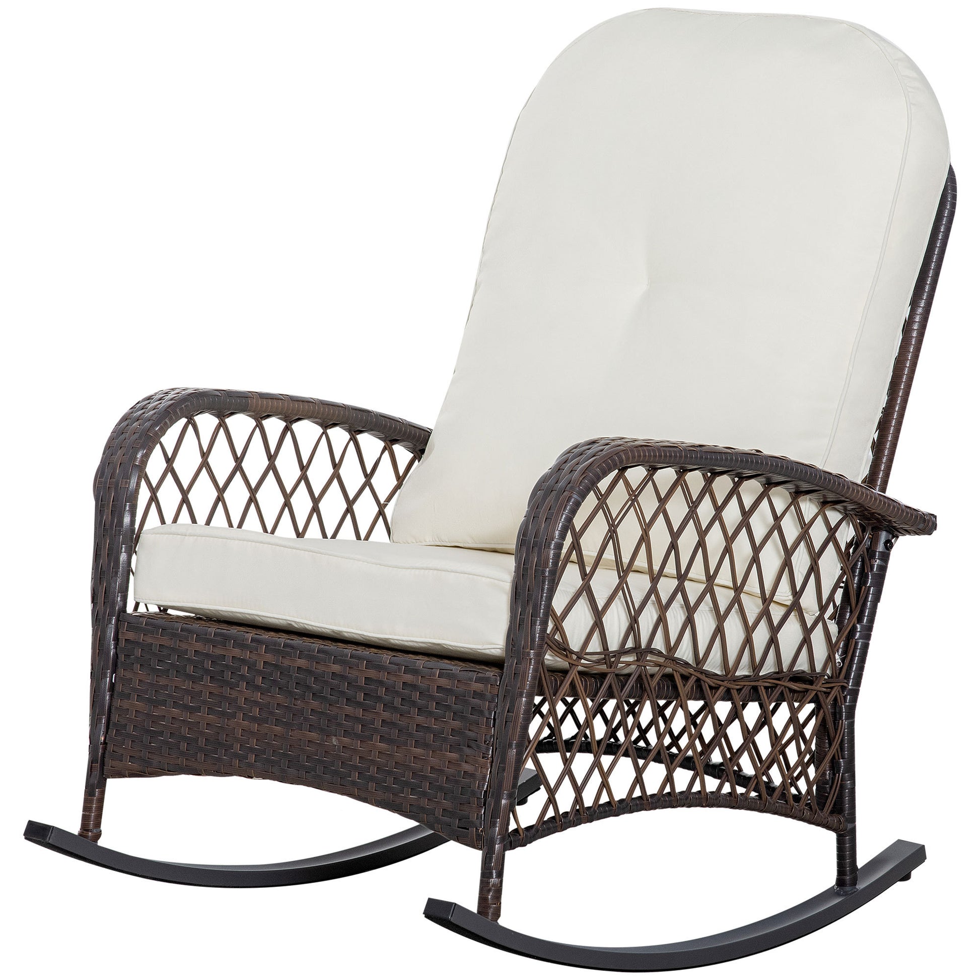 Outsunny Outdoor Wicker Rocking Chair With Wide Seat, Thick, Soft Cushion, Rattan Rocker W Steel Frame, High Weight Capacity For Patio, Garden, Backyard, Cream White Cream White Polyester