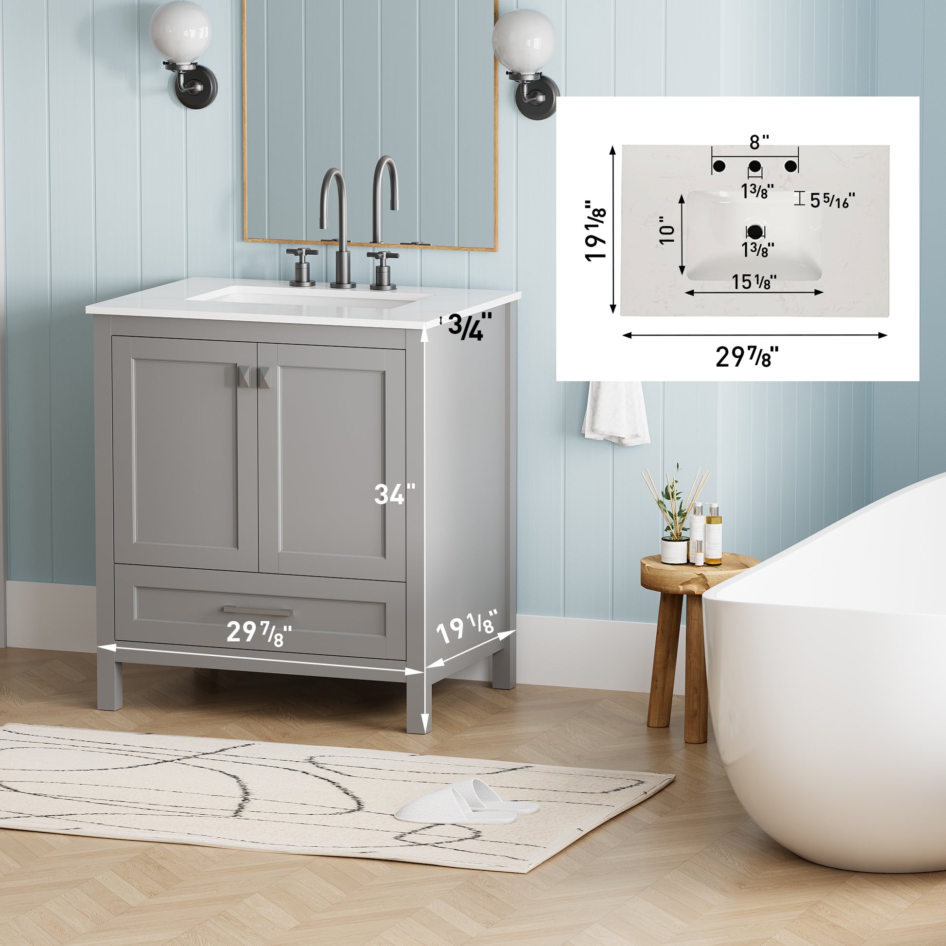 30 Inch Freestanding Bathroom Vanity With Sink, Carrara Engineered Marble Vanity Top With Undermounted Rectangular Ceramic Sink, Large Storage Soft Close Door, Grey 24V03 30Gr Grey Wood Solid Wood