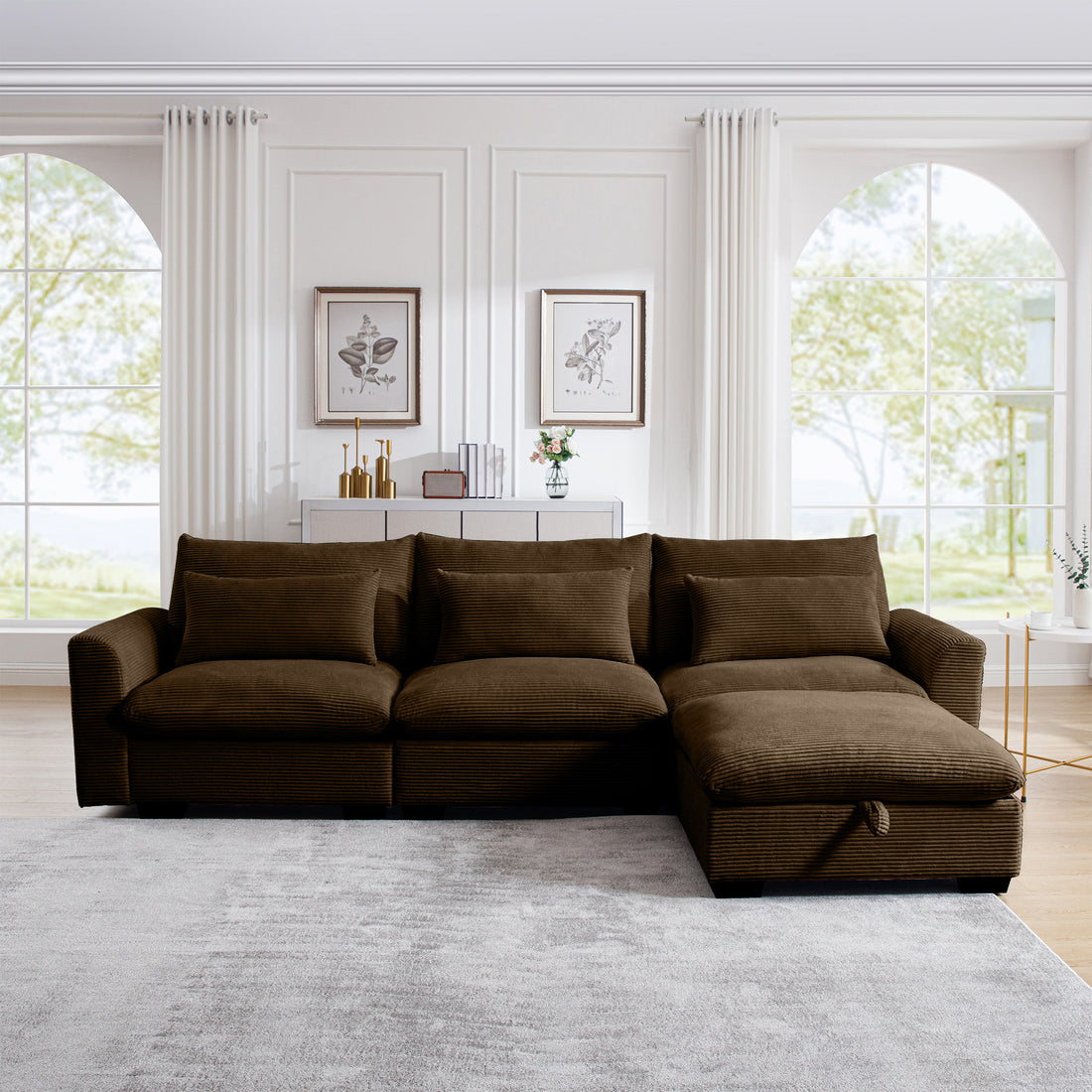 Corduroy Sectional Sofa, L Shaped Couch With Storage Footstool And 3 Pillow, Sectional Couch For Living Room Apartment, Brown Brown Corduroy 3 Seat
