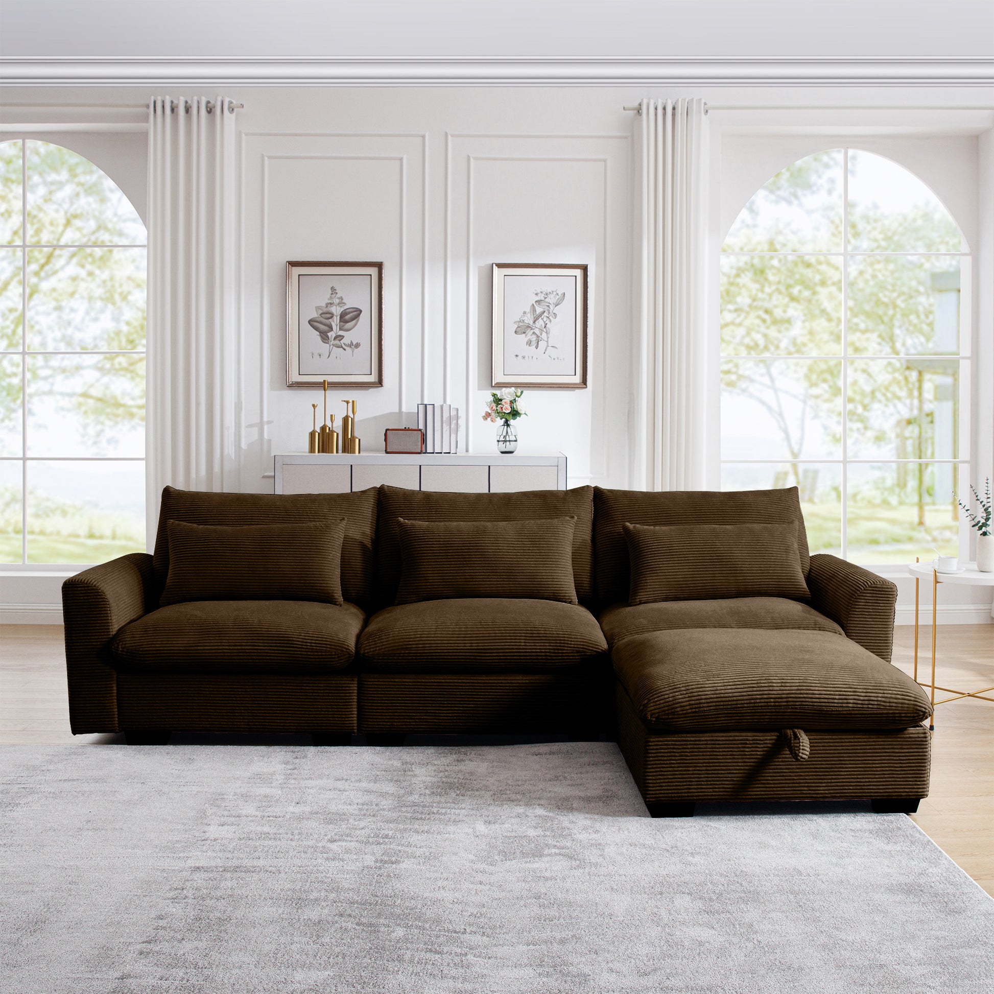 Corduroy Sectional Sofa, L Shaped Couch With Storage Footstool And 3 Pillow, Sectional Couch For Living Room Apartment, Brown Brown Corduroy 3 Seat