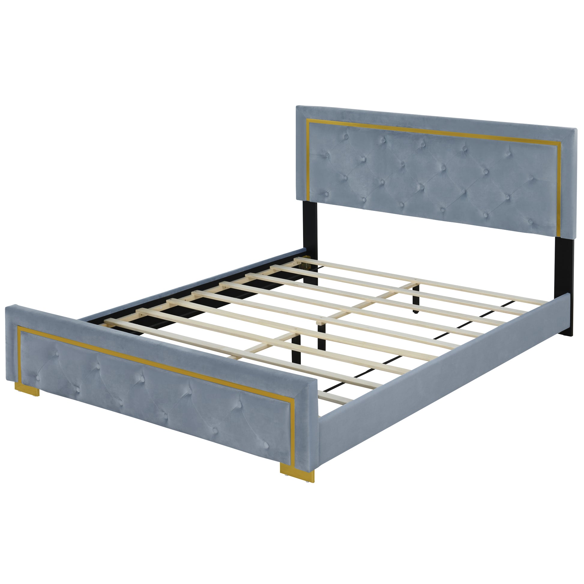 Queen Size Upholstered Platform Bed With Pull Point Headboard And Metal Wire Frame At The Head And Foot Of The Bed, Metal Feet, Velvet, Gray Queen Gray Mdf Lvl