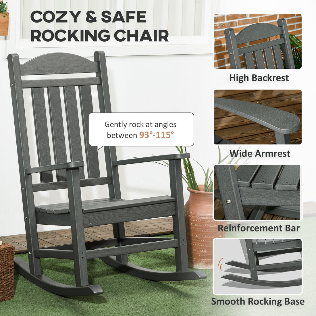 Outsunny 2 Pieces Outdoor Rocking Chair, All Weather Resistant Hdpe Rocking Patio Chairs With Rustic High Back, Armrests, Oversized Seat And Slatted Backrest, 350Lbs Weight Capacity, Dark Gray Dark Gray Plastic