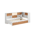 L Shaped Bed Frame With Trundle And And Bookcase,Corner Bed Wooden Captain Bed With Led Downlight And Usb Port For Small Room,Bedroom, Guest Room, Twin Size, Walnut And White Box Spring Not Required Twin White Walnut Wood Bedroom Modern Pine Bed Frame