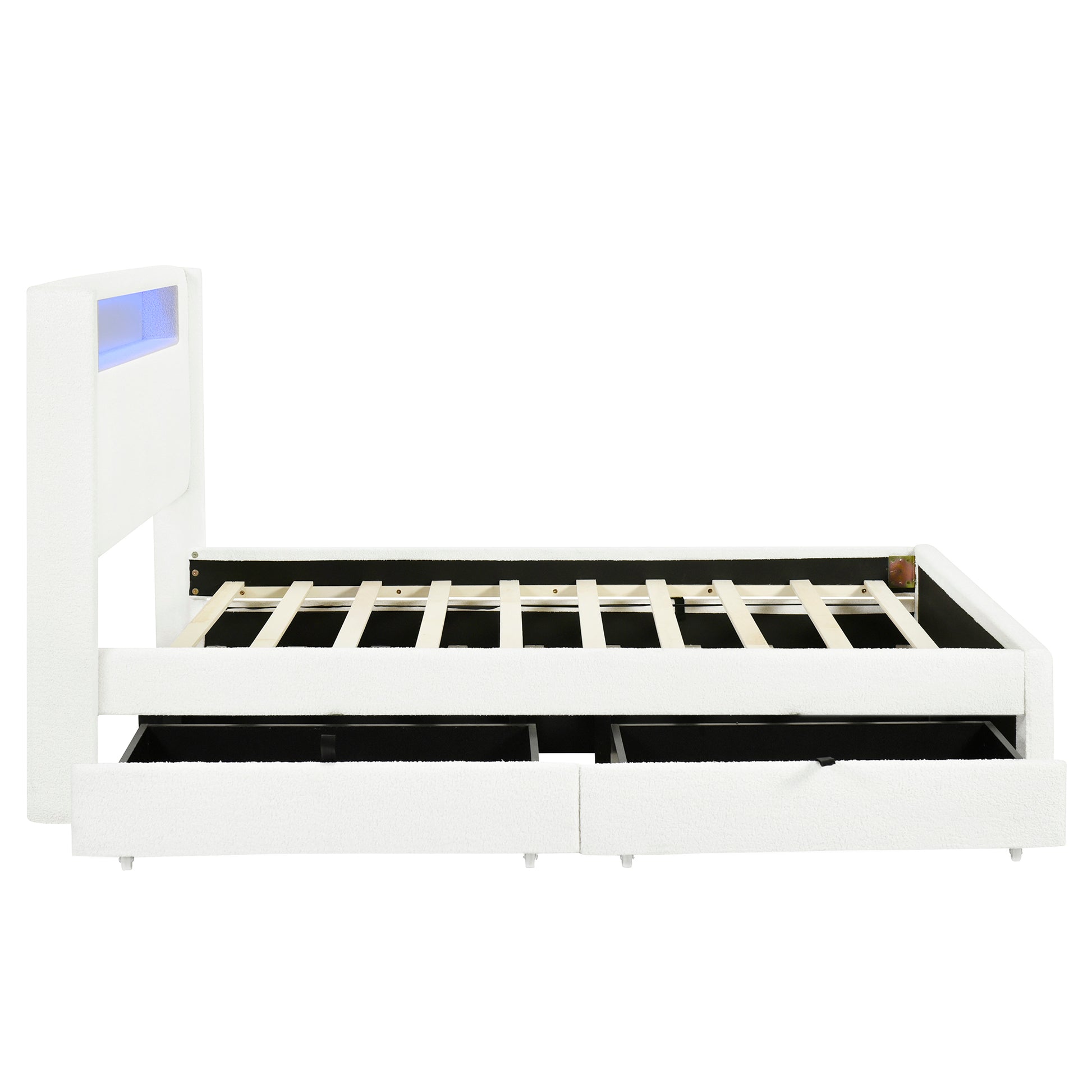Full Size Upholstered Platform Bed With Led Frame, With Twin Size Trundle And 2 Drawers, Teddy Fleece, White White Fleece