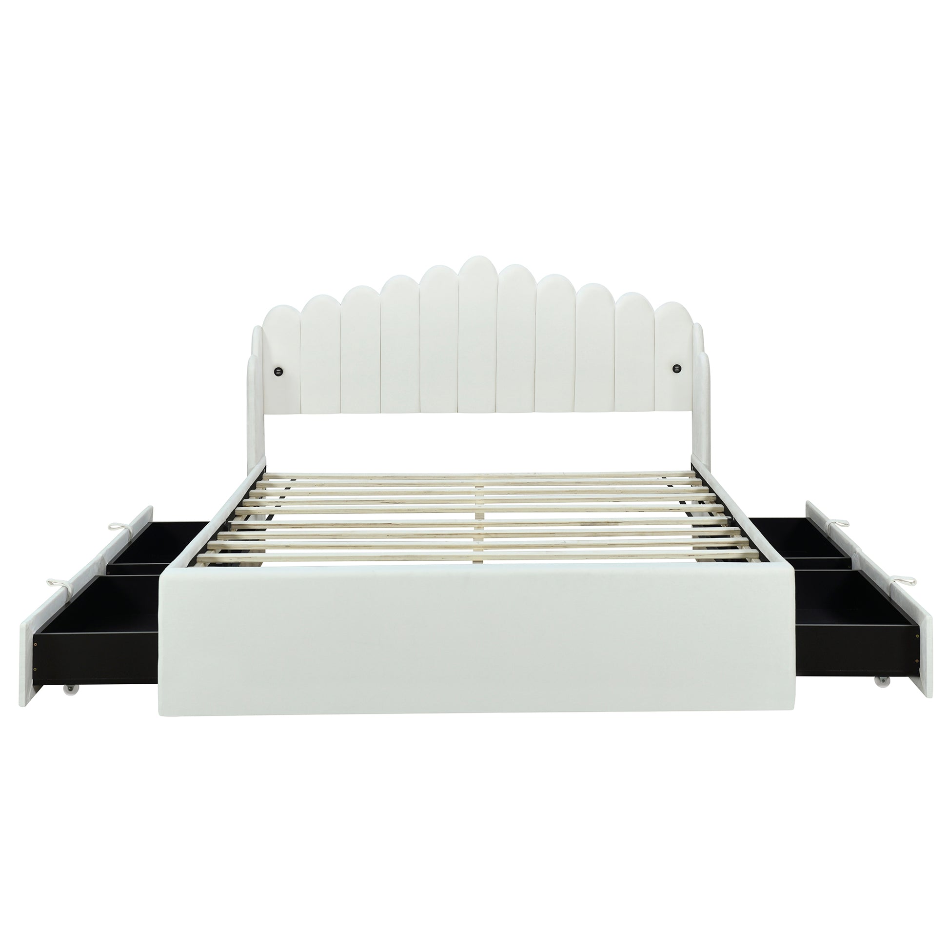 Queen Size Upholstered Platform Bed With 4 Drawers And 2 Usb, Beige Box Spring Not Required Queen Beige Wood Bedroom Bed Frame Polyester Upholstered