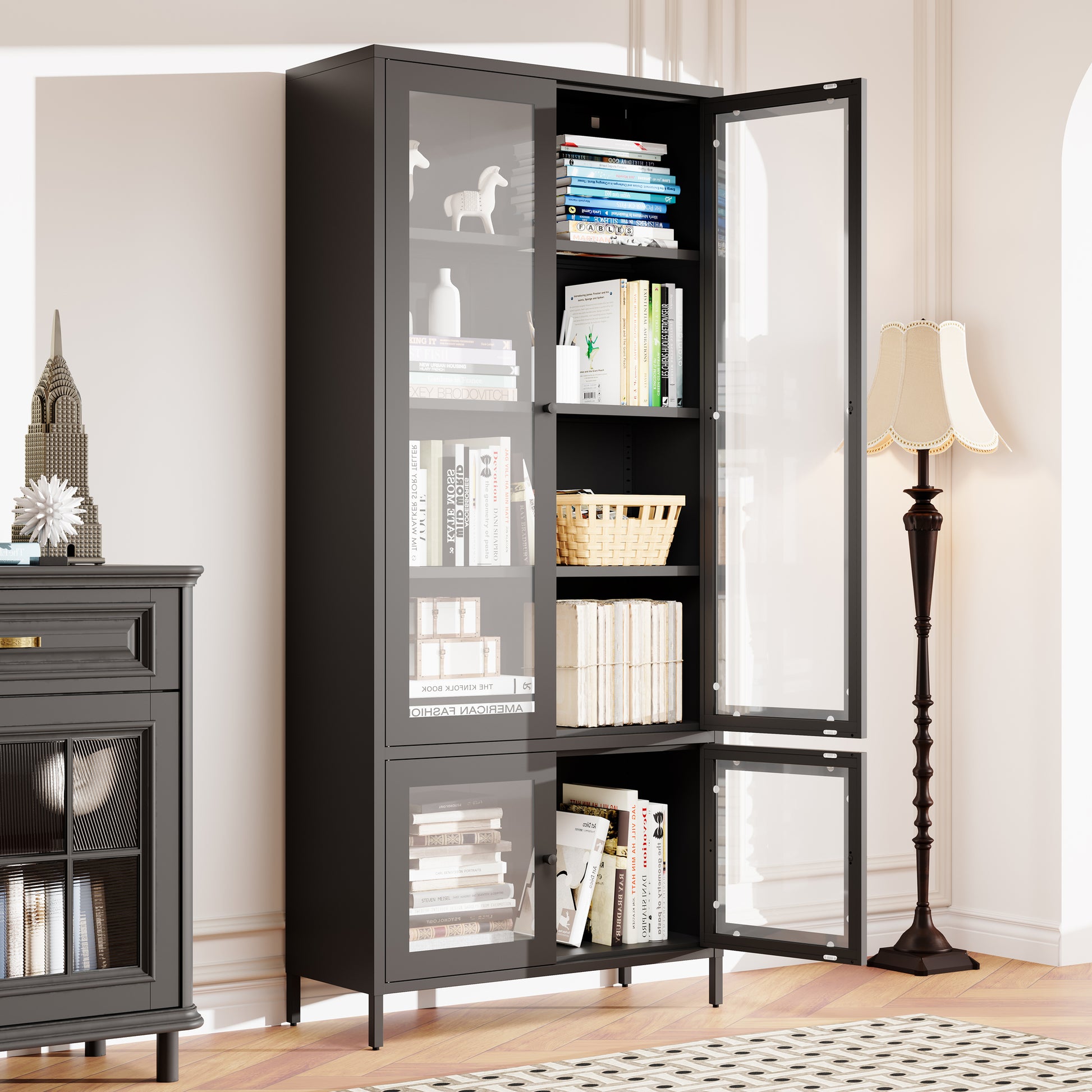 Large Metal Storage Cabinet Display Cabinet With 4 Glass Doors 5 Shelves Side Cabinet Bookcase Freestanding Cabinet For Bedroom Living Room Pantry Home Office Black, Reinforced Tempered Glass Freestanding 5 Or More Shelves Black Primary Living Space