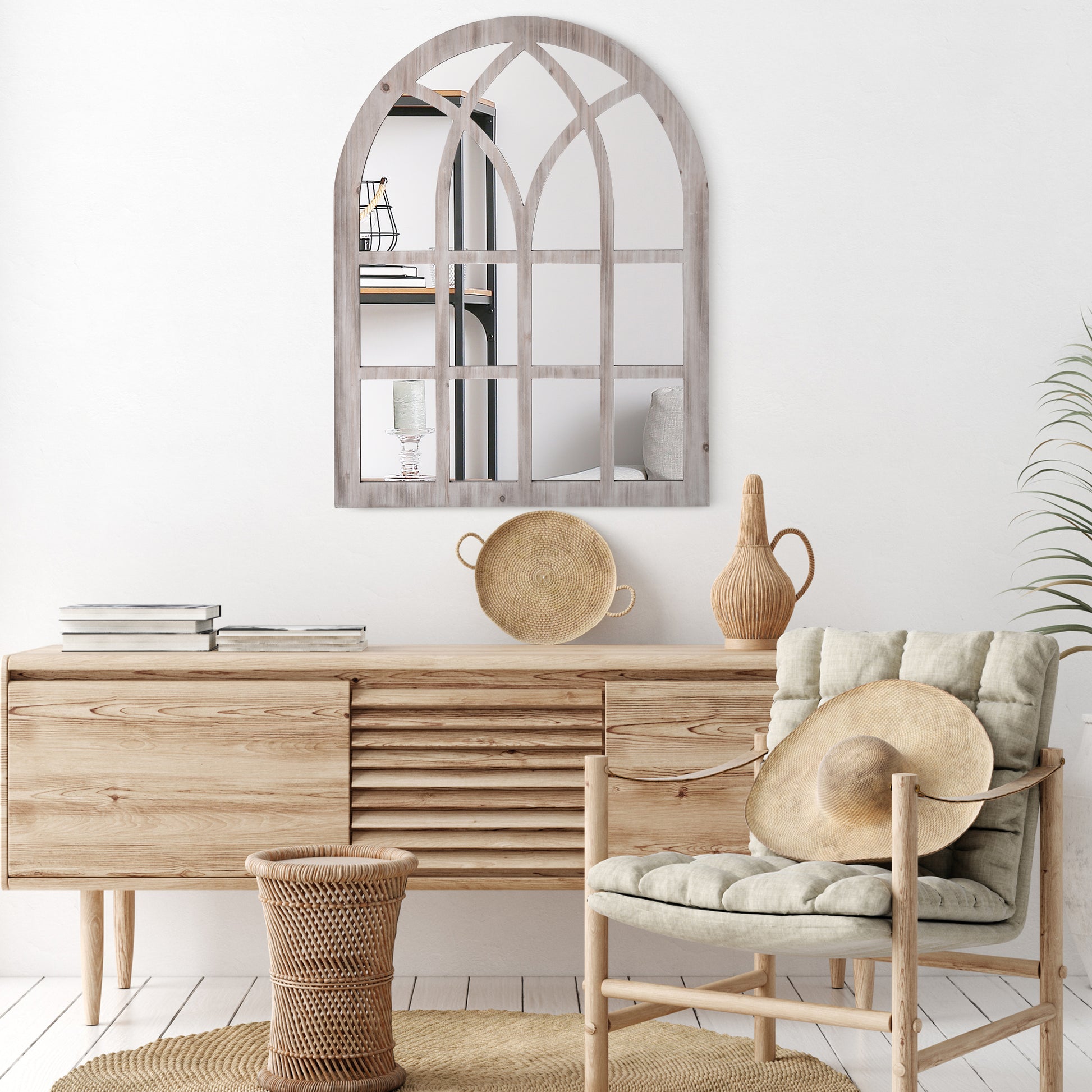 Homcom 41" X 31.5" Large Rustic Wall Mirror, Arch Window Mirror For Wall Decor In Living Room, Bedroom, Entryway, Natural Natural Wood Mdf