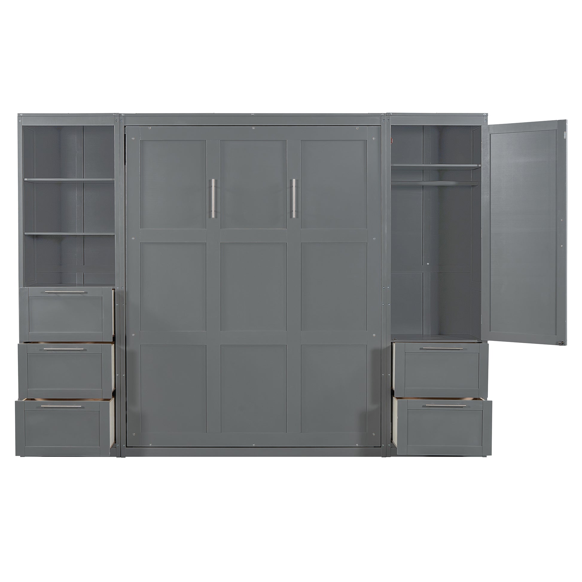 Queen Size Murphy Bed Wall Bed With Closet ,Drawers And Shelves,Gray Queen Gray Mdf Lvl