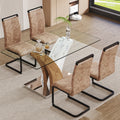 Table And Chair Set.Modern Dining Table, Tempered Glass Countertop With Artistic Mdf Legs.Paried With 4 Comfortable Chairs With Pu Seats And Metal Legs. Suitable For Various Decoration Styles. Black Brown,Transparent Seats 4 Mdf Metal