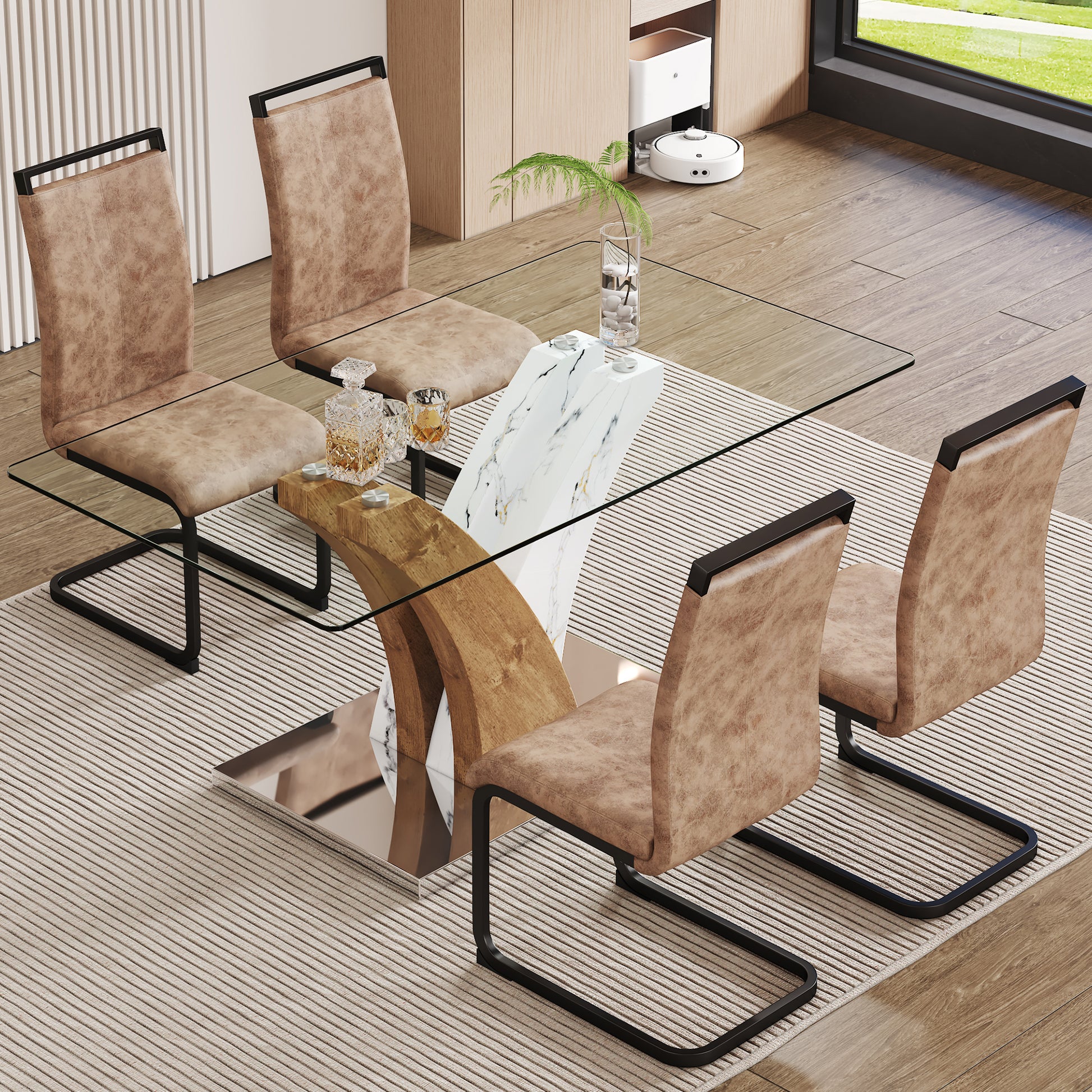 Table And Chair Set.Modern Dining Table, Tempered Glass Countertop With Artistic Mdf Legs.Paried With 4 Comfortable Chairs With Pu Seats And Metal Legs. Suitable For Various Decoration Styles. Black Brown,Transparent Seats 4 Mdf Metal